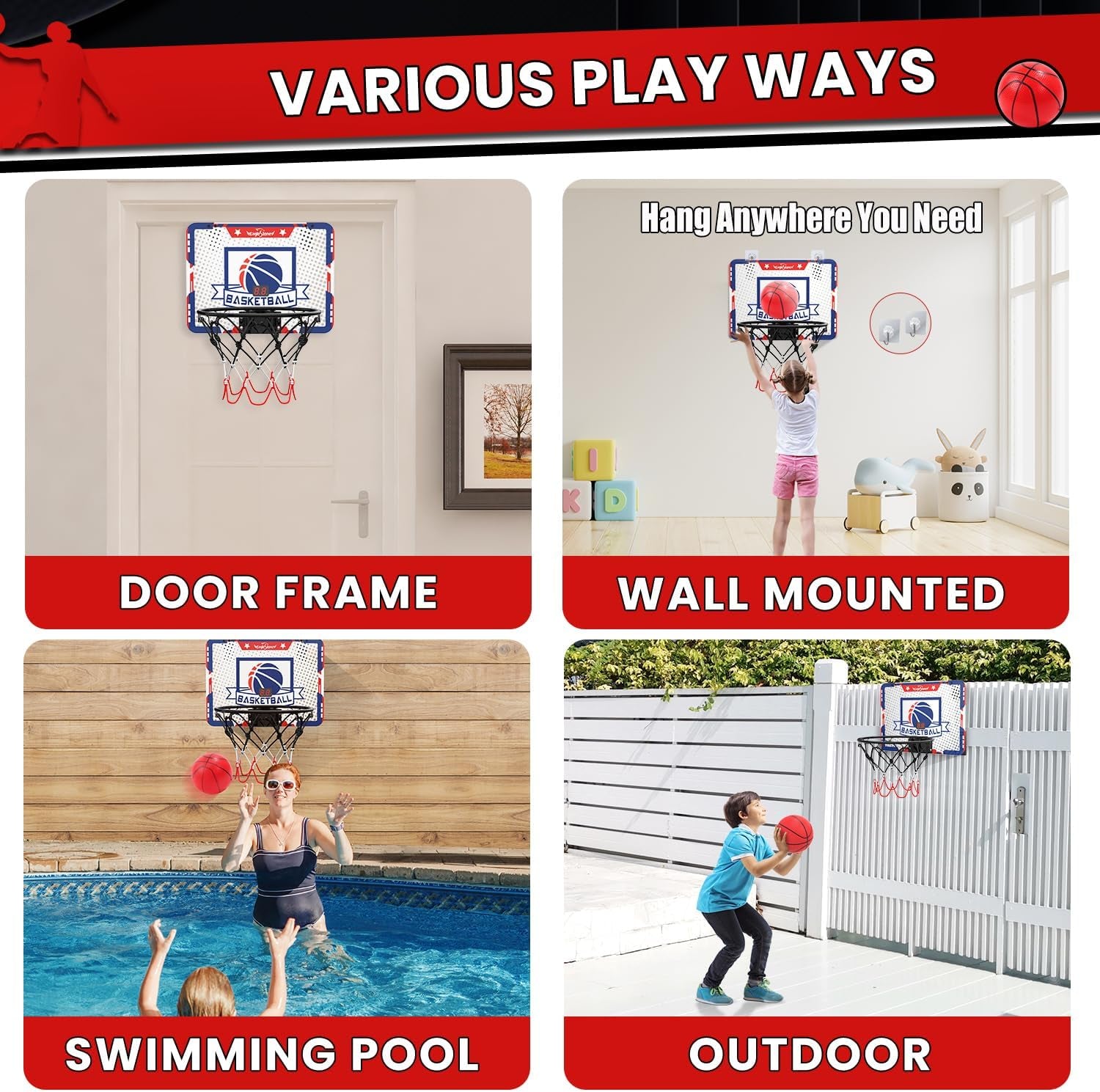 Kids Indoor Basketball Hoop, 4 Balls Mini Basketball Toy for Toddlers, with Electronic Scoreboard over the Door Room Wall Basketball Hoop Goal Boys Girls Gift for Age 3 4 5 6 7 8 9 10