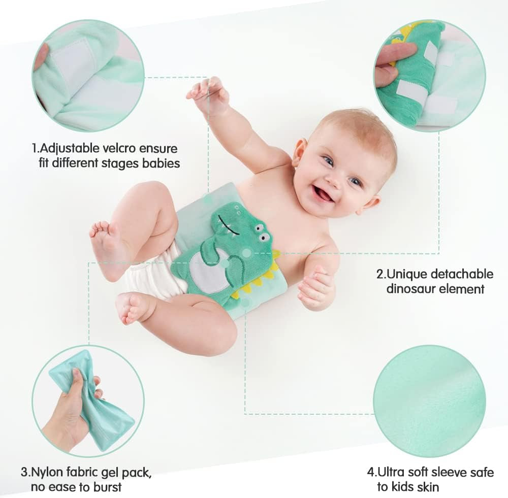 Baby Colic, Gas and Upset Stomach Relief, Heated Warmer Tummy Wrap with 2 Gel Packs for Newborns and Infants, Baby Heating Pad Swaddling Belt Natural Relief (Green Dinosaur)