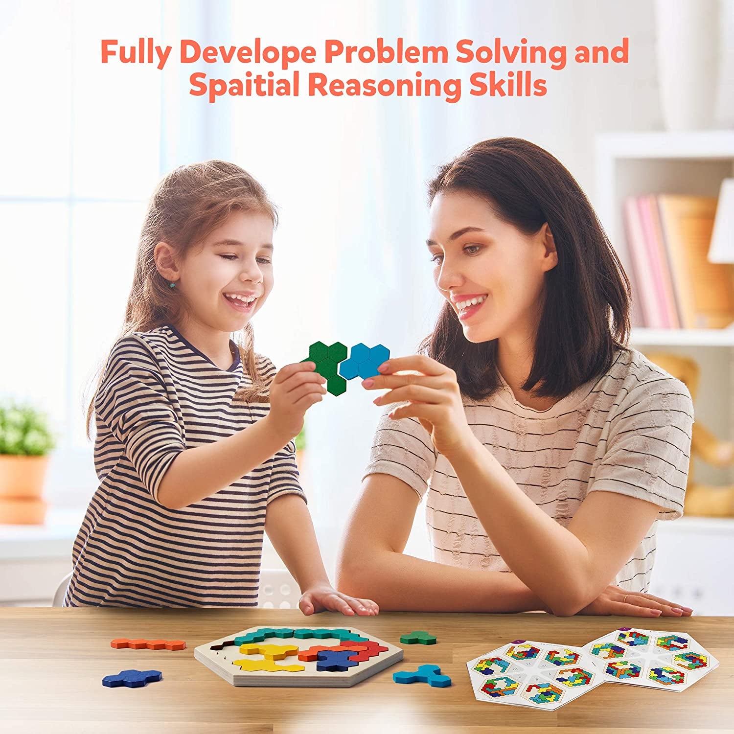 Wooden Hexagon Puzzle for Kid Adults - Shape Pattern Block Tangram Brain Teaser Toy Geometry Logic IQ Game STEM Montessori Educational Gift for All Ages Challenge