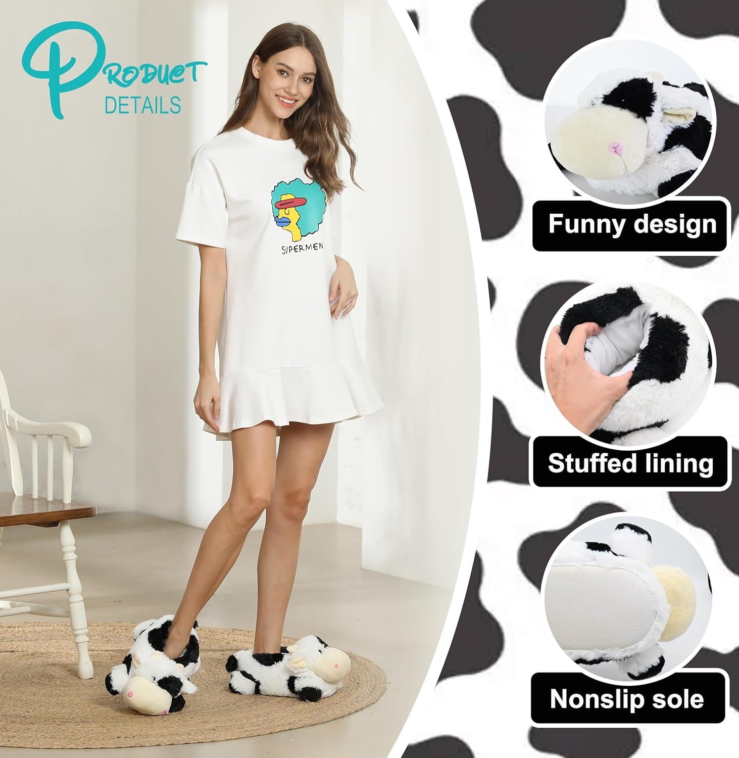Indoor Fuzzy Winter Animal Panda and Cow Plush Slippers for Adult Women Men Boys Girls Kids