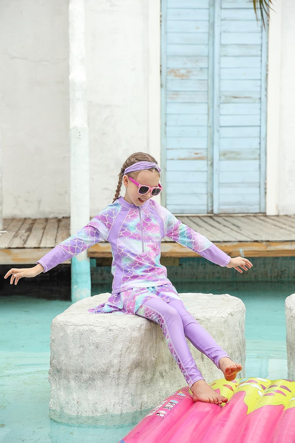 Girls Long Sleeve Rashguard Half Zip Swimsuits UPF 50+ Two Piece Swim Sets with Hairband 5-12Y