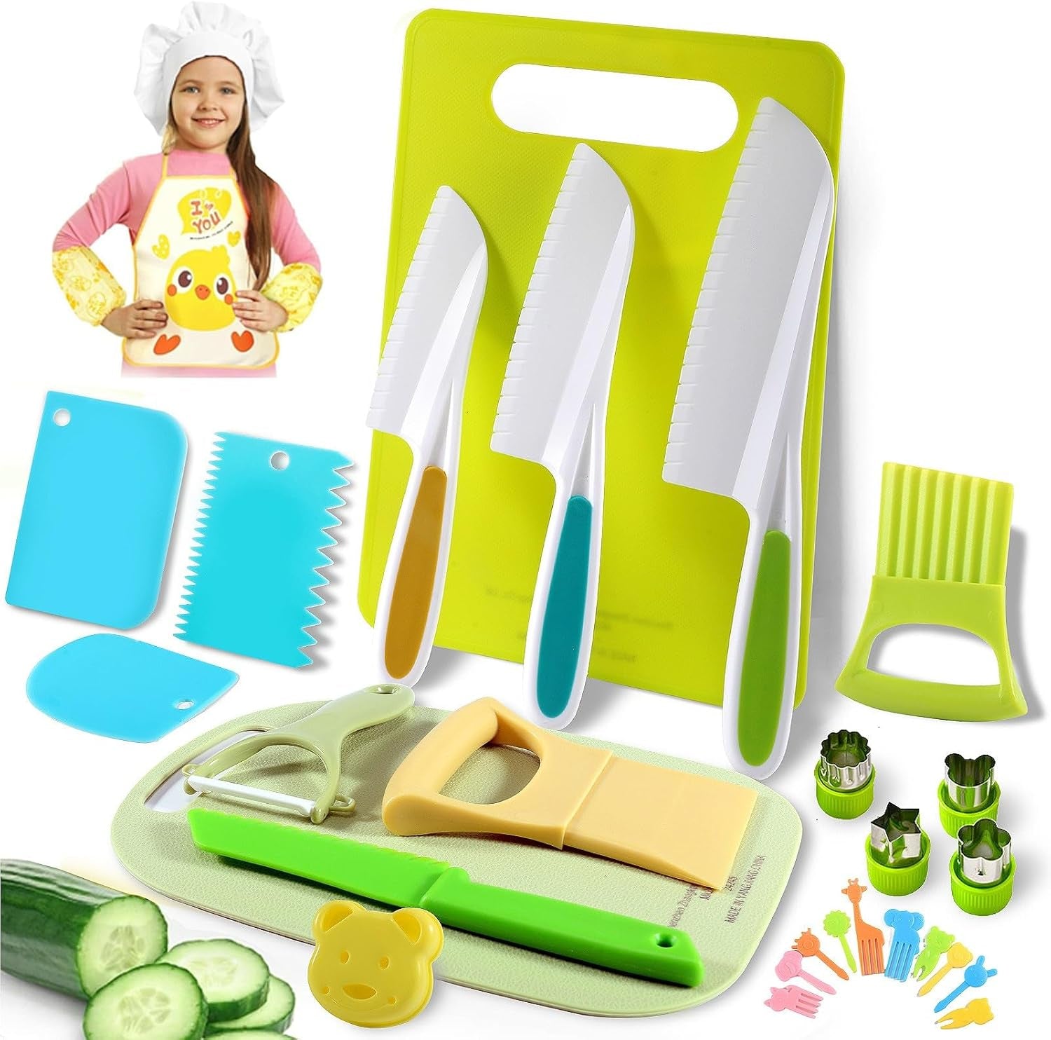 31PCS Kids Knife Set for Real Cooking - Toddlers Montessori Kitchen Tools Stocking Stuffers Toys for Boys & Girls Age 4+ Year Old, Includes 1 Apron, 2 Cutting Boards, 3 Safe Knives