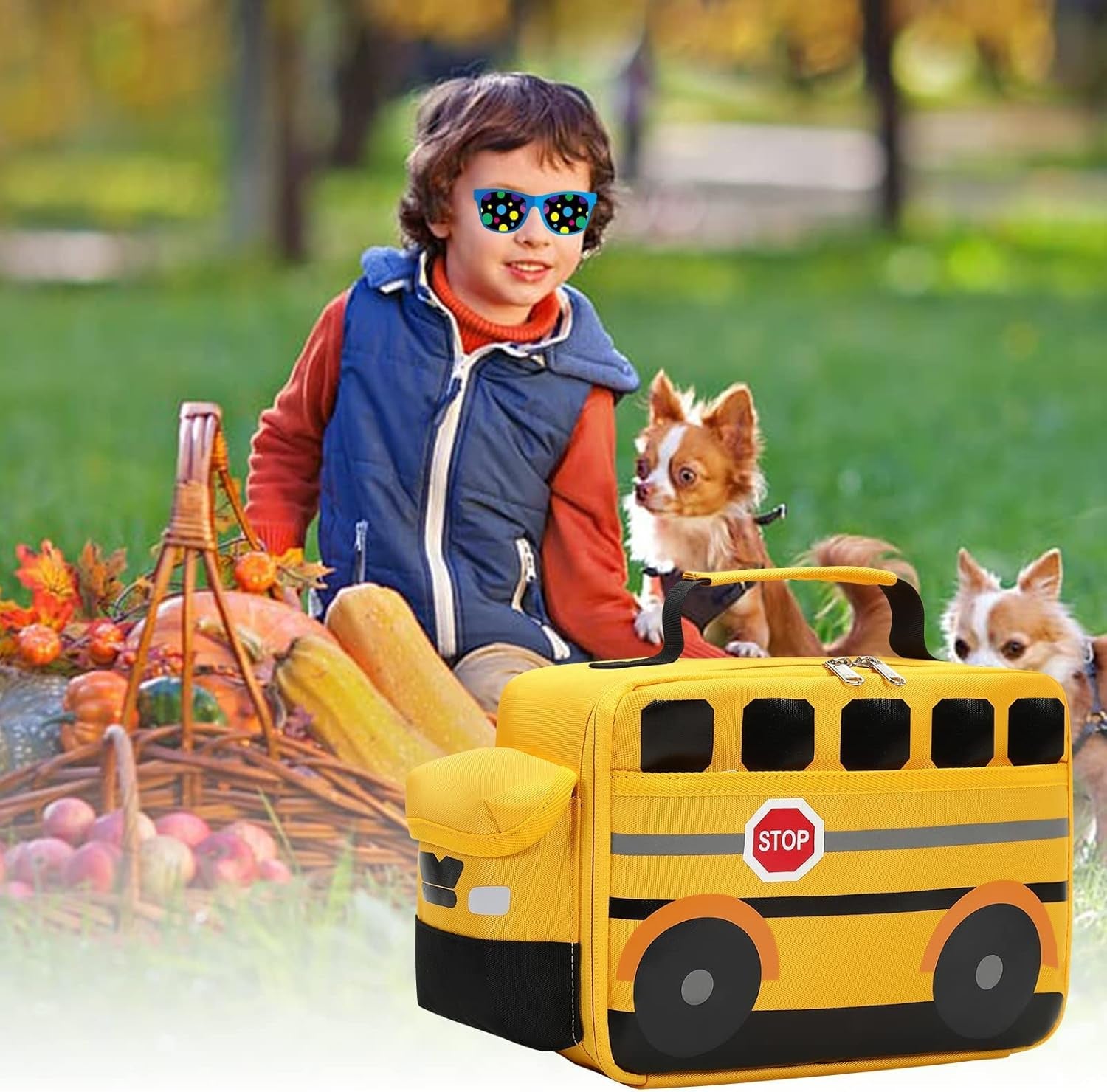 Insulated Lunch Box for Kids Boys Girls School Lunch Bags Reusable Cooler Thermal Meal Tote for Picnic (Yellow School Bus)