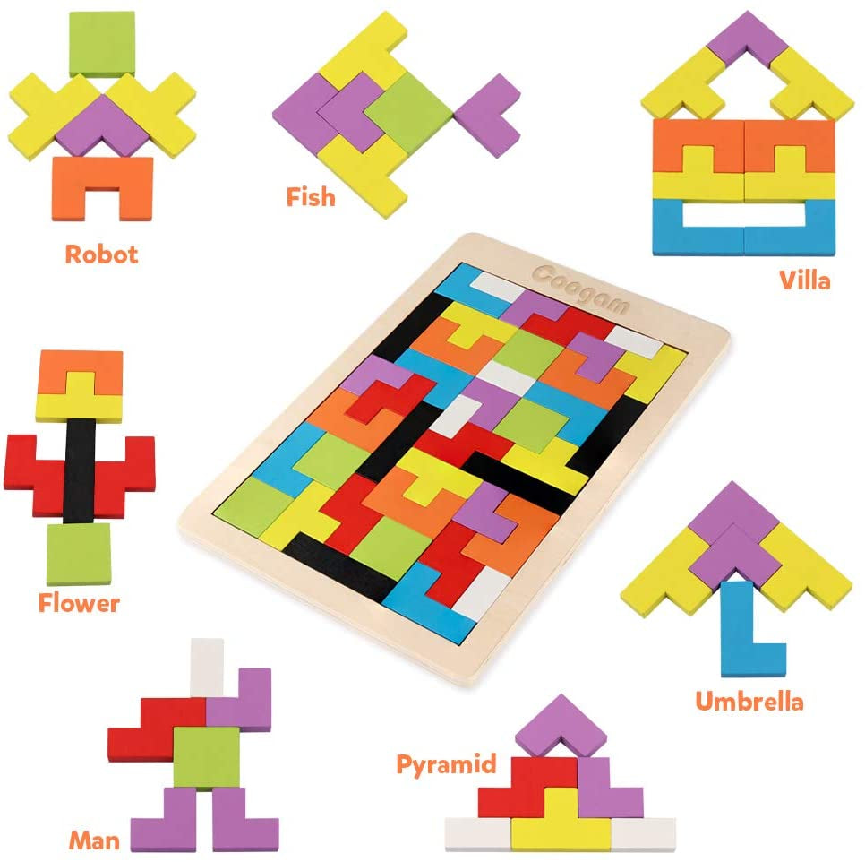 Wooden Blocks Puzzle Brain Teasers Toy Tangram Jigsaw Intelligence Colorful 3D Russian Blocks Game STEM Montessori Educational Gift for Kids (40 Pcs)