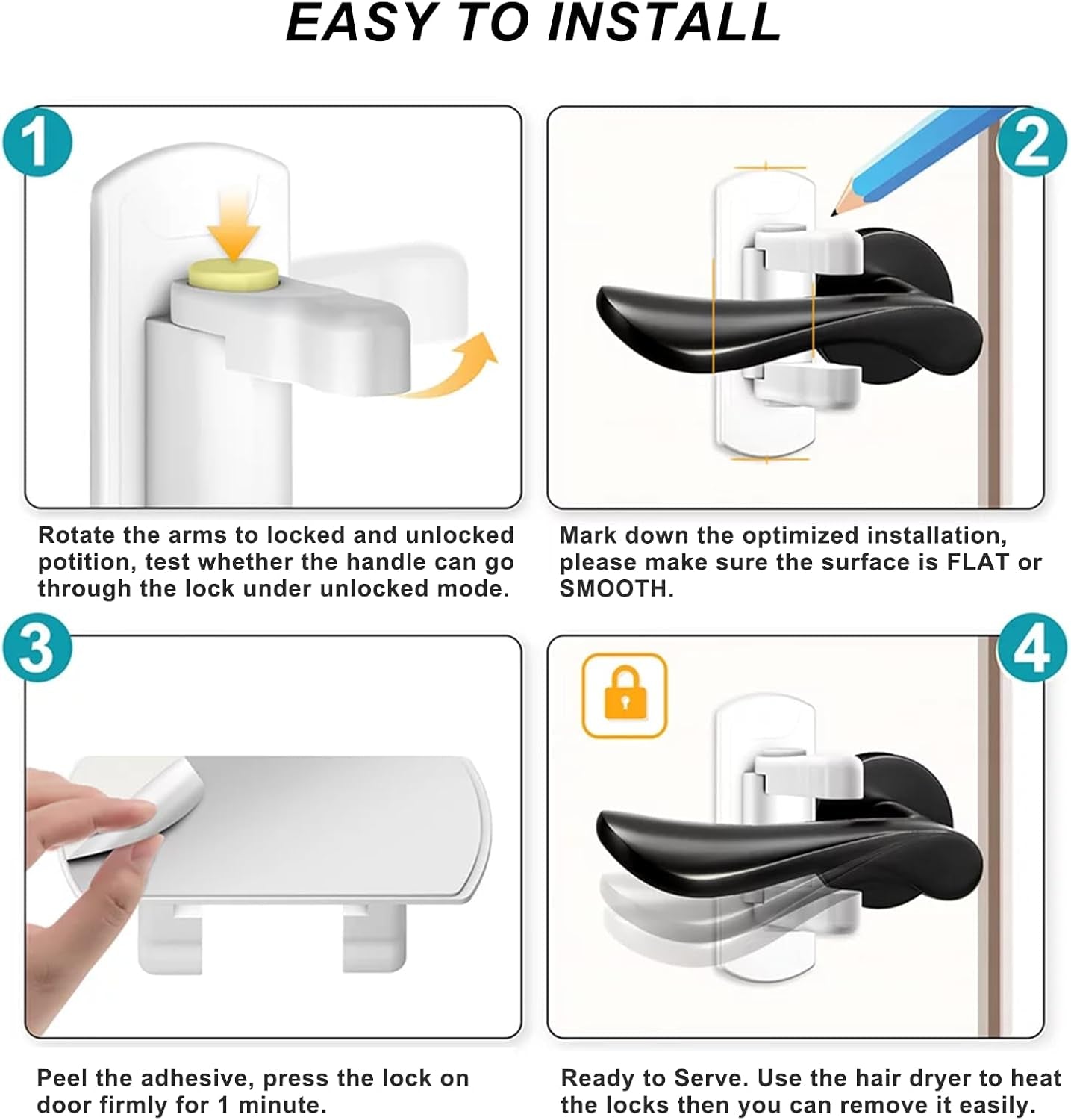 Childproof Door Lever Lock (2 Pack) Prevents Toddlers Pets from Opening Doors, Door Handle Lock for Babyproofing, Durable Safe ABS Material Strong Adhesive, No Drill Tool Needed Easy to Install