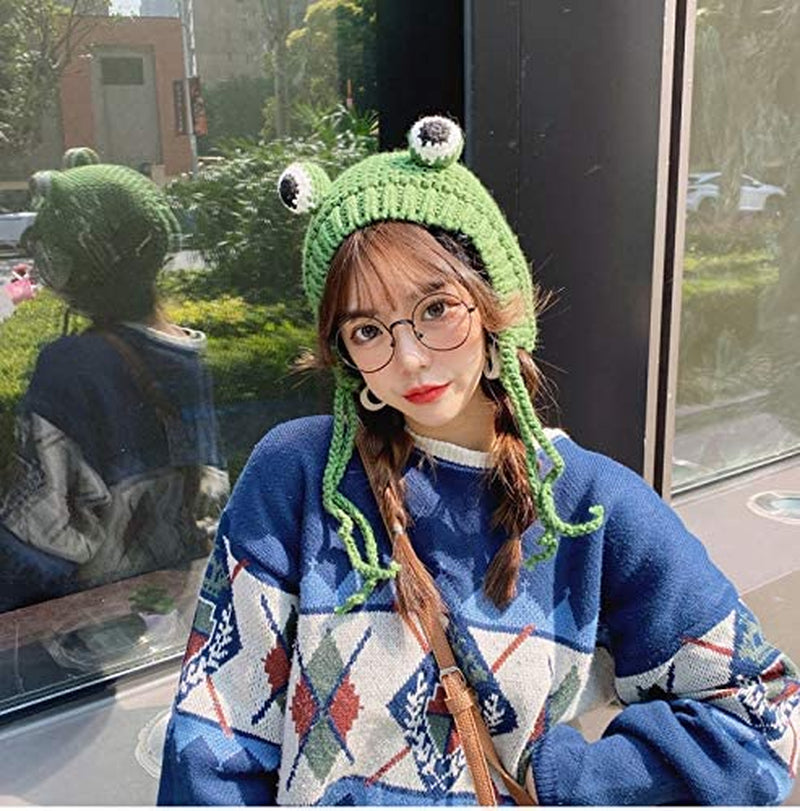 Women Girls Crochet Knitted Winter Headband Hat Beanie Cute Cartoon Frog Big Eyes Earflap Cap Photo Props