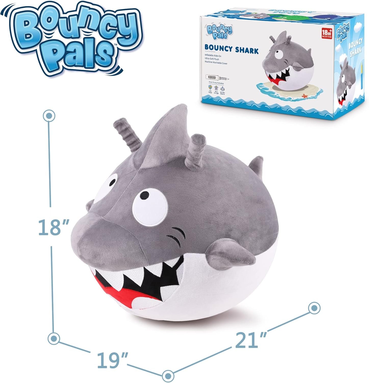 Bouncy Pals Kids White Shark Hopper Ball, Toddler Ride on Bounce Toy, Outdoor Indoor Inflatable Jumping Animal W/Handle, Bouncing Hop Jumper, Birthday Gift for 2 3 4 5 Year Old Boy Girl