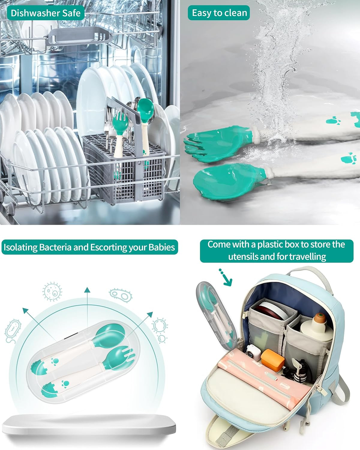 Toddler Utensils, Self-Feeding Flatware Set Withtravel Case, Baby Spoons and Forks with Silicone Bendable Handle, Easy Grip Heat-Resistant, Ideal for Kids, Stage 2 (Green)