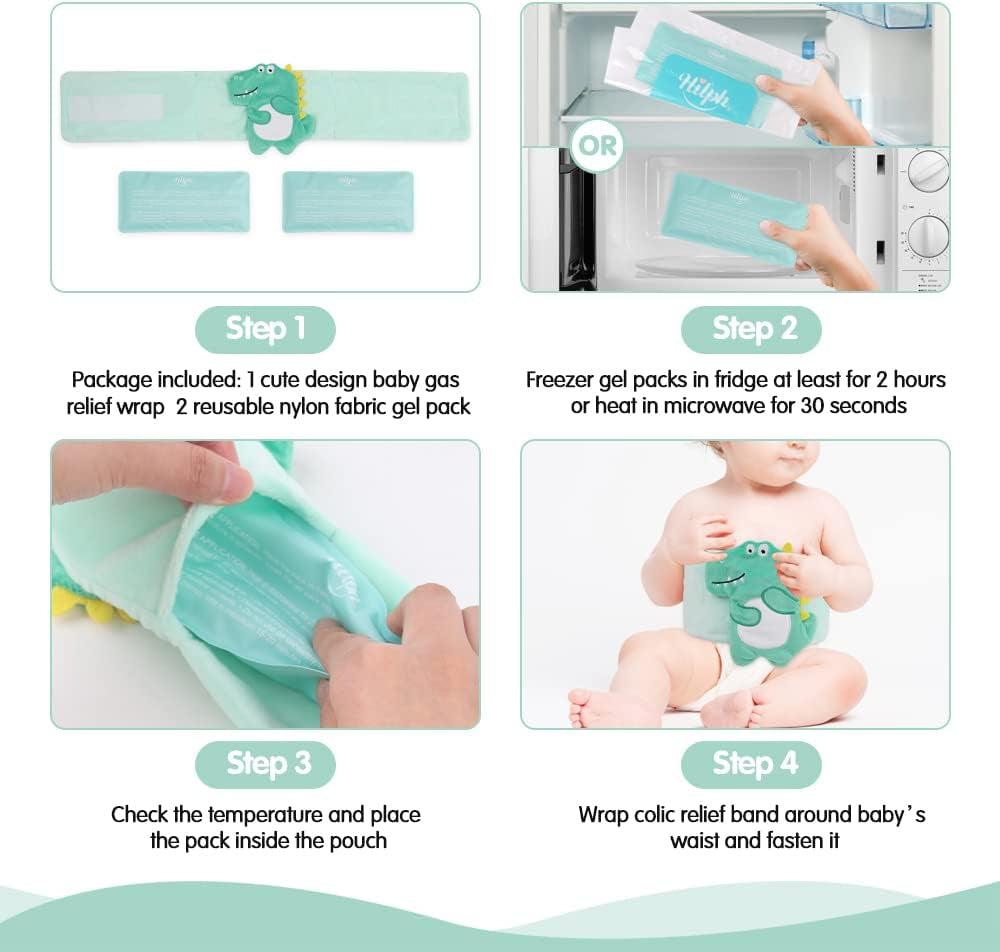 Baby Colic, Gas and Upset Stomach Relief, Heated Warmer Tummy Wrap with 2 Gel Packs for Newborns and Infants, Baby Heating Pad Swaddling Belt Natural Relief (Green Dinosaur)