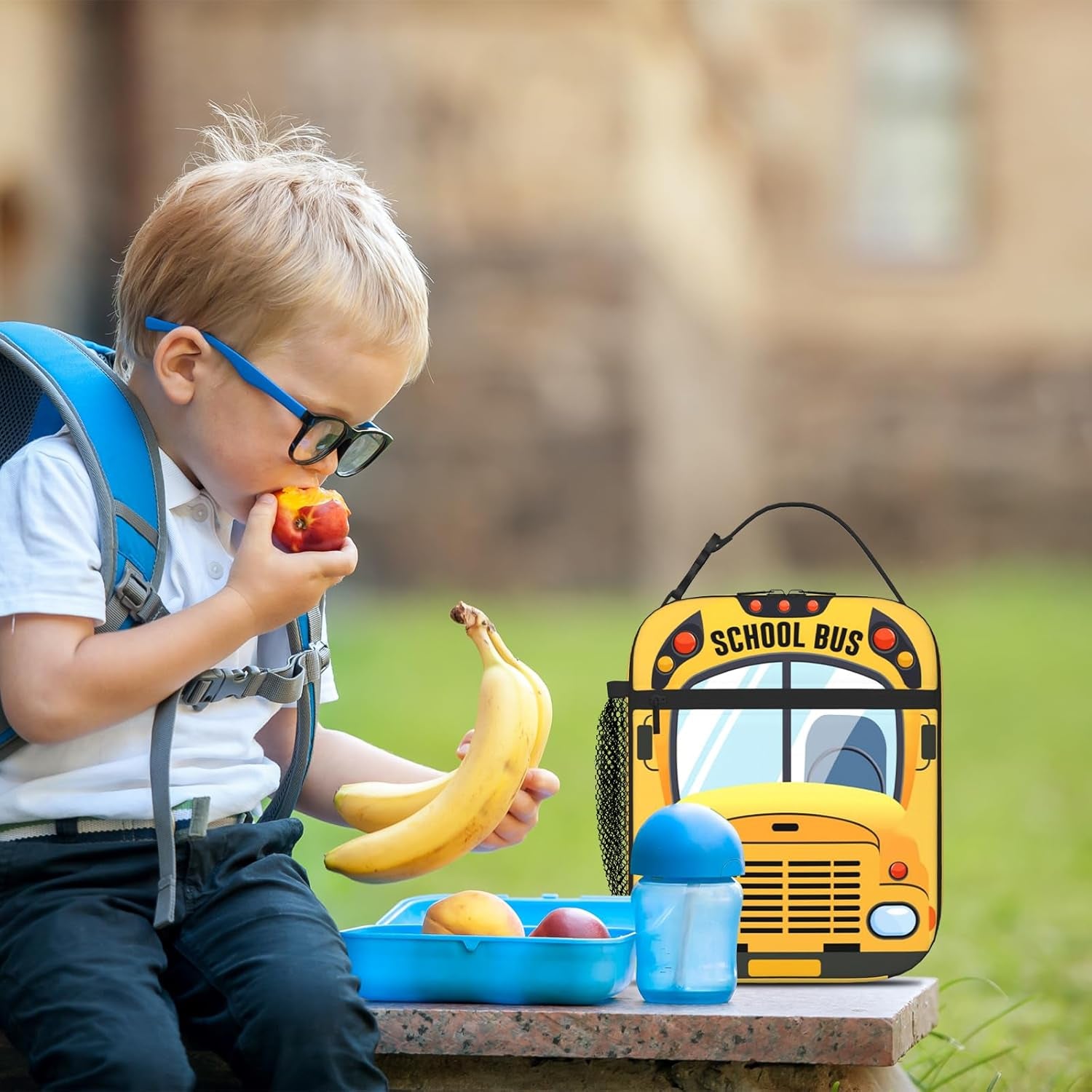 Kids School Bus Insulated Lunch Bag Cartoon Yellow Bus Lunchbox with Mesh Side Pocket Leakproof Cooler Tote for School Picnics Travel