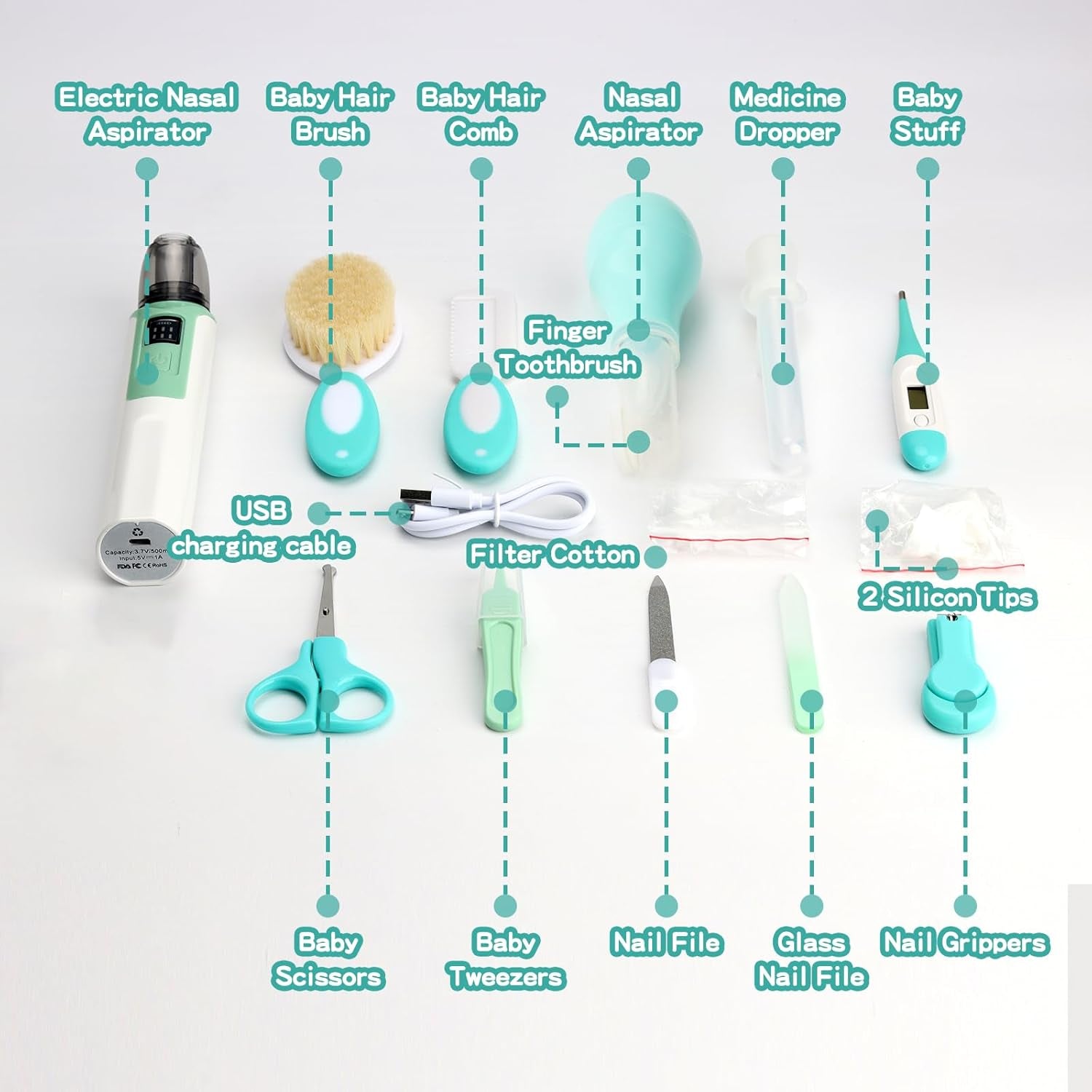 Baby Grooming Kit, Infant Safety Care Set with Baby Electric Nose Aspirator,Baby Hair Brush Comb Nail Clipper Nasal Aspirator,Baby Essentials Kit for Newborn Girls Boys (17 Pc Green Kit)