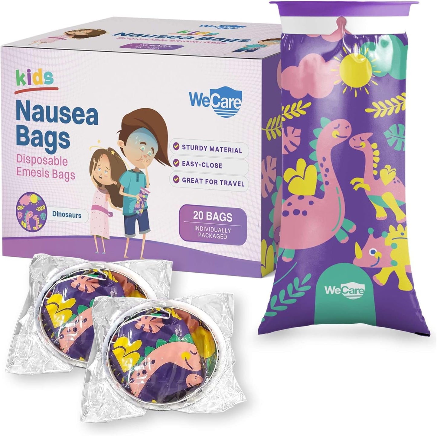 Kids Vomit Bags Disposable 5 Pack - Individually Wrapped Barf Bags with Cute Dinosaur Print - Leak Proof Self Sealing Emesis Bags for Motion Car Sickness and Nausea - Ideal for Taxis, Airplane Travel