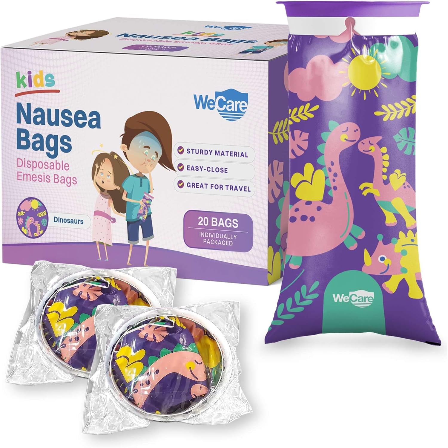 Kids Vomit Bags Disposable 5 Pack - Individually Wrapped Barf Bags with Cute Dinosaur Print - Leak Proof Self Sealing Emesis Bags for Motion Car Sickness and Nausea - Ideal for Taxis, Airplane Travel