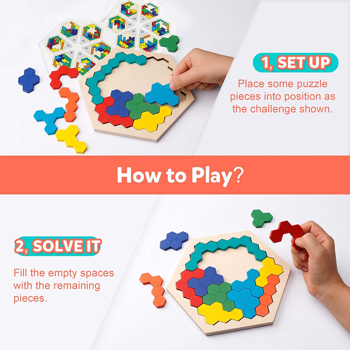 Wooden Hexagon Puzzle for Kid Adults - Shape Pattern Block Tangram Brain Teaser Toy Geometry Logic IQ Game STEM Montessori Educational Gift for All Ages Challenge