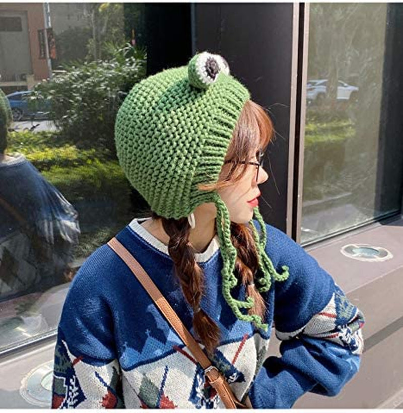Women Girls Crochet Knitted Winter Headband Hat Beanie Cute Cartoon Frog Big Eyes Earflap Cap Photo Props