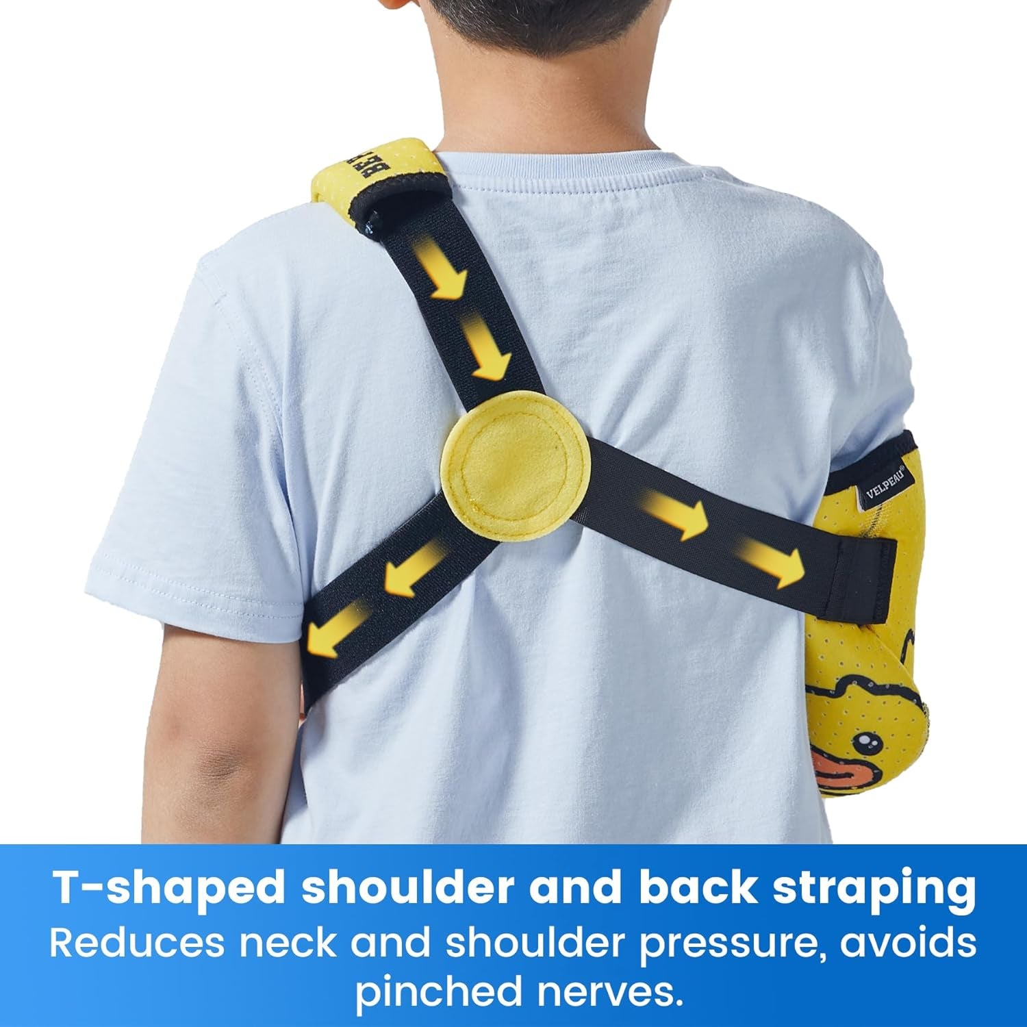 Kids Arm Sling Shoulder Immobilizer with Waist Strap, Sponge Filled Design, Arm Support Brace for Children, Boys, Girls (Comfort Version, Duck Print, Right, 2XS: Bust 19″-23.5″)