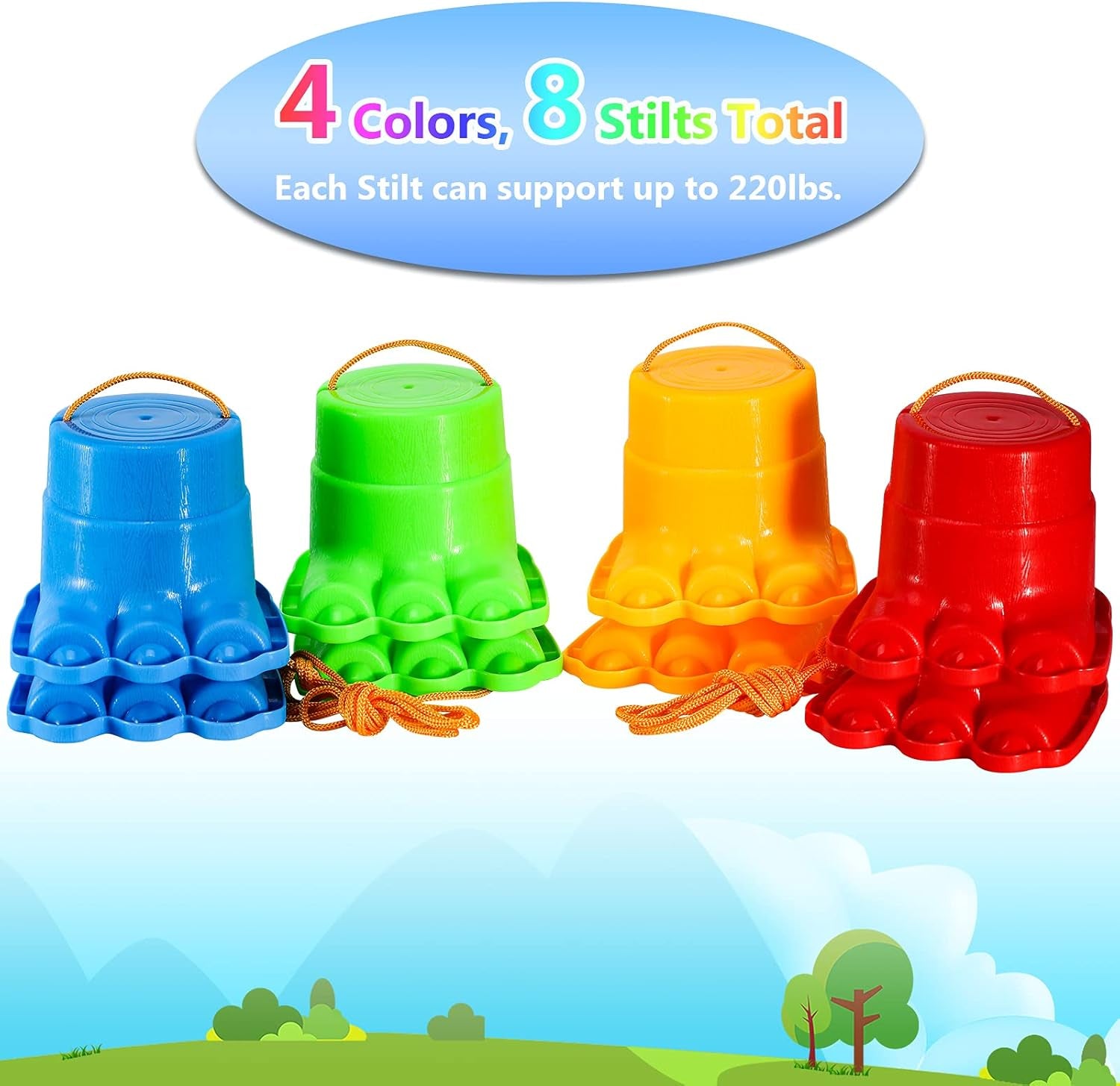 Balancing Stilts for Kids, 4 Pairs Walking Stilts Monster Feet for Balance and Coordination, Toys for Girls & Boys for Age 4-10 Years Old Indoor or Outdoor Play (8 Stilts Total)