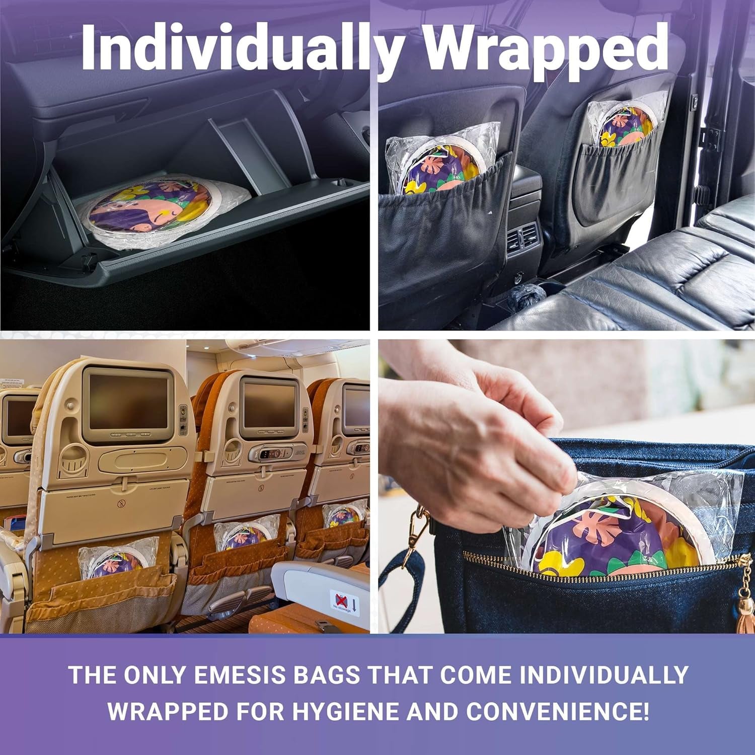 Kids Vomit Bags Disposable 5 Pack - Individually Wrapped Barf Bags with Cute Dinosaur Print - Leak Proof Self Sealing Emesis Bags for Motion Car Sickness and Nausea - Ideal for Taxis, Airplane Travel