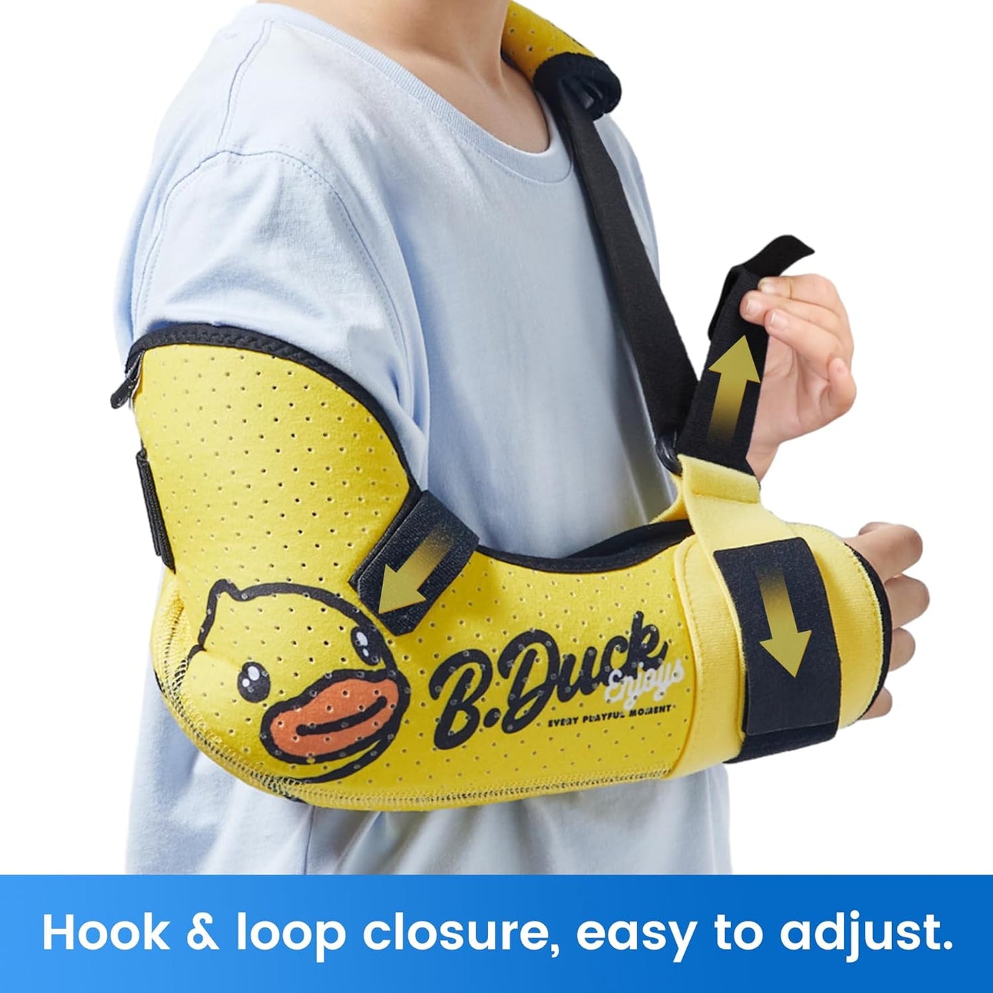 Kids Arm Sling Shoulder Immobilizer with Waist Strap, Sponge Filled Design, Arm Support Brace for Children, Boys, Girls (Comfort Version, Duck Print, Right, 2XS: Bust 19″-23.5″)