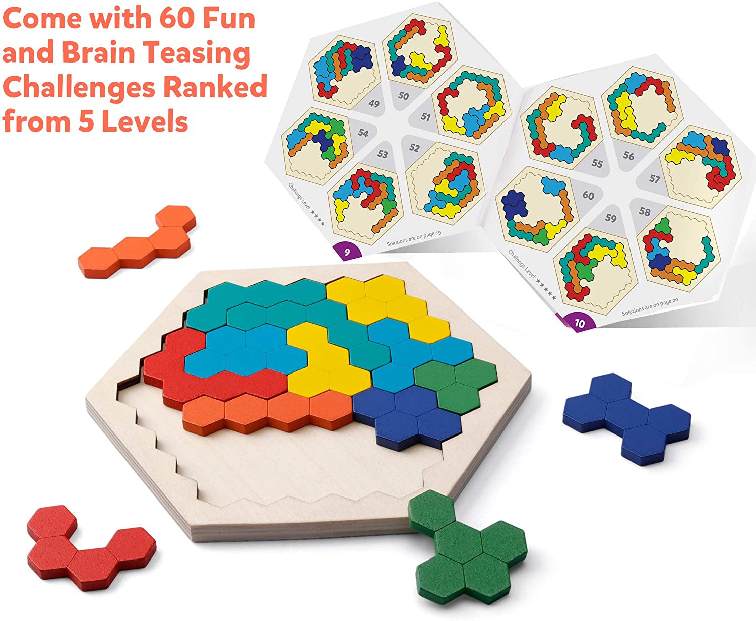Wooden Hexagon Puzzle for Kid Adults - Shape Pattern Block Tangram Brain Teaser Toy Geometry Logic IQ Game STEM Montessori Educational Gift for All Ages Challenge