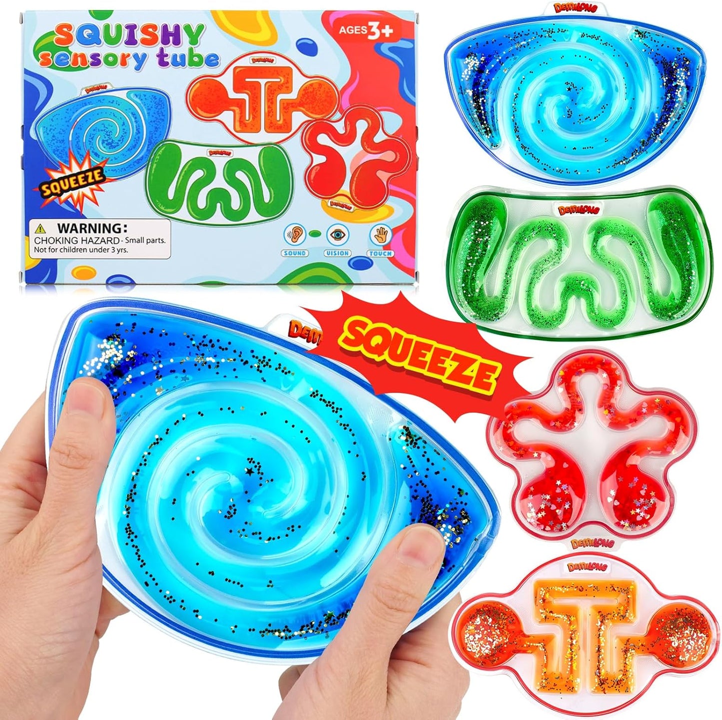 Squishy Sensory Toys for Kids - 4 Pack Fidget Toy Sensory Maze for Autism - Stress Anxiety Relief Toys for Calm down - Sensory Fidget Toy Filled Goo, Glitter, Easter Prizes for Kids Classroom