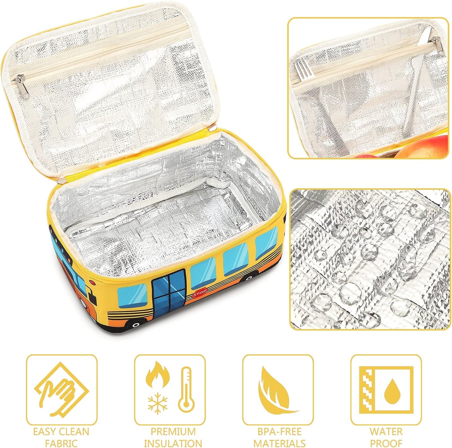 Lunch Box Kids Boys Girls Cute Insulated Lunch Box Reusable Lunch Bag Meals Tote Lunchbox for School Picnic Travel (Bus Yellow)