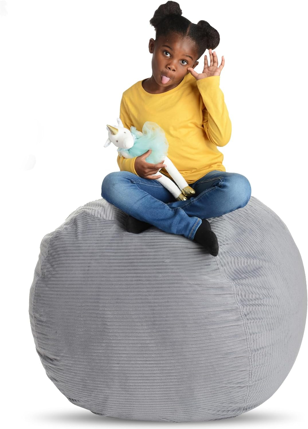 Stuff ’N Sit Extra Large 38’’ Bean Bag Storage Cover for Stuffed Animals & Toys, Giant Beanbag Chair for Plush, Toddler & Kids Rooms Bedroom Organizer, Light Gray Corduroy