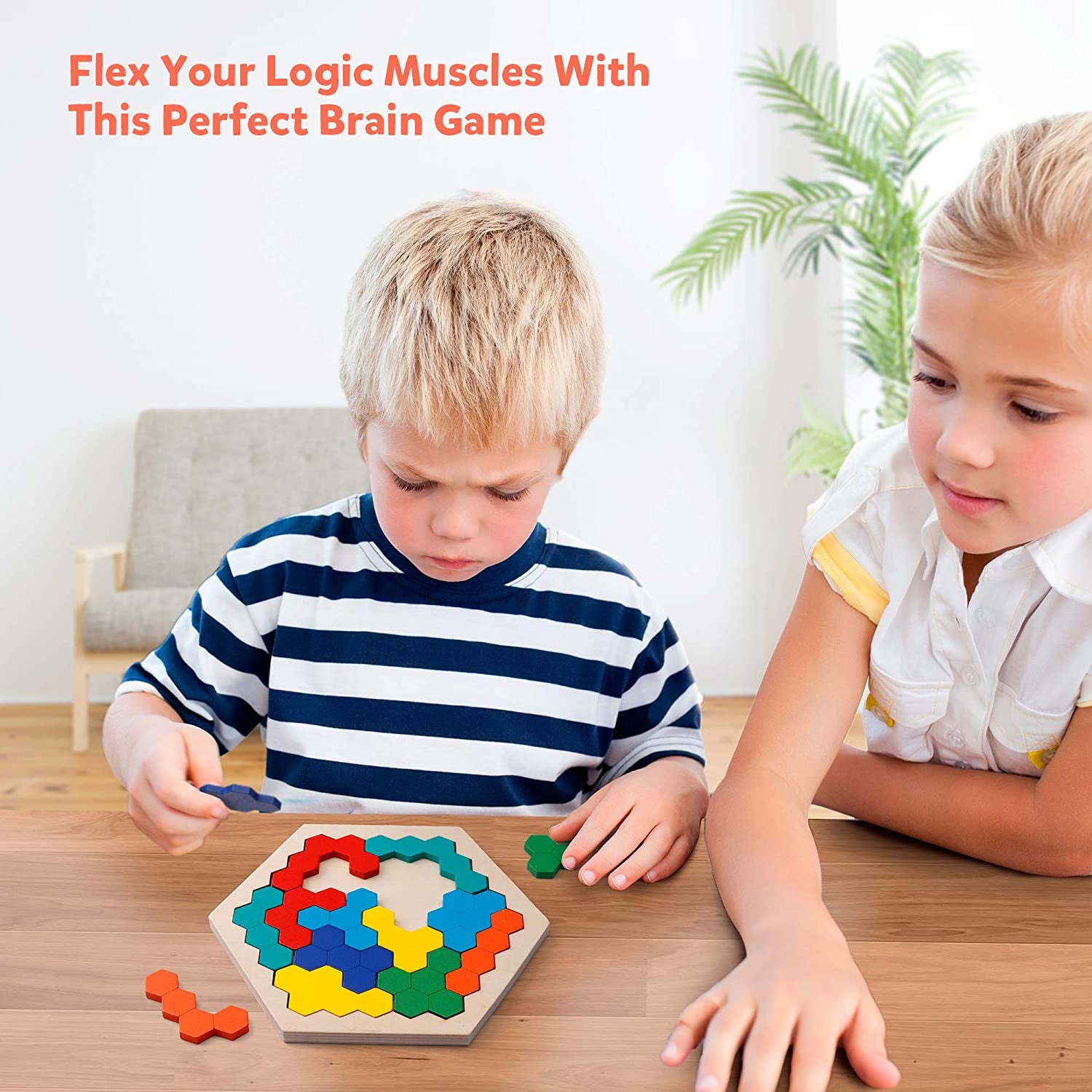 Wooden Hexagon Puzzle for Kid Adults - Shape Pattern Block Tangram Brain Teaser Toy Geometry Logic IQ Game STEM Montessori Educational Gift for All Ages Challenge