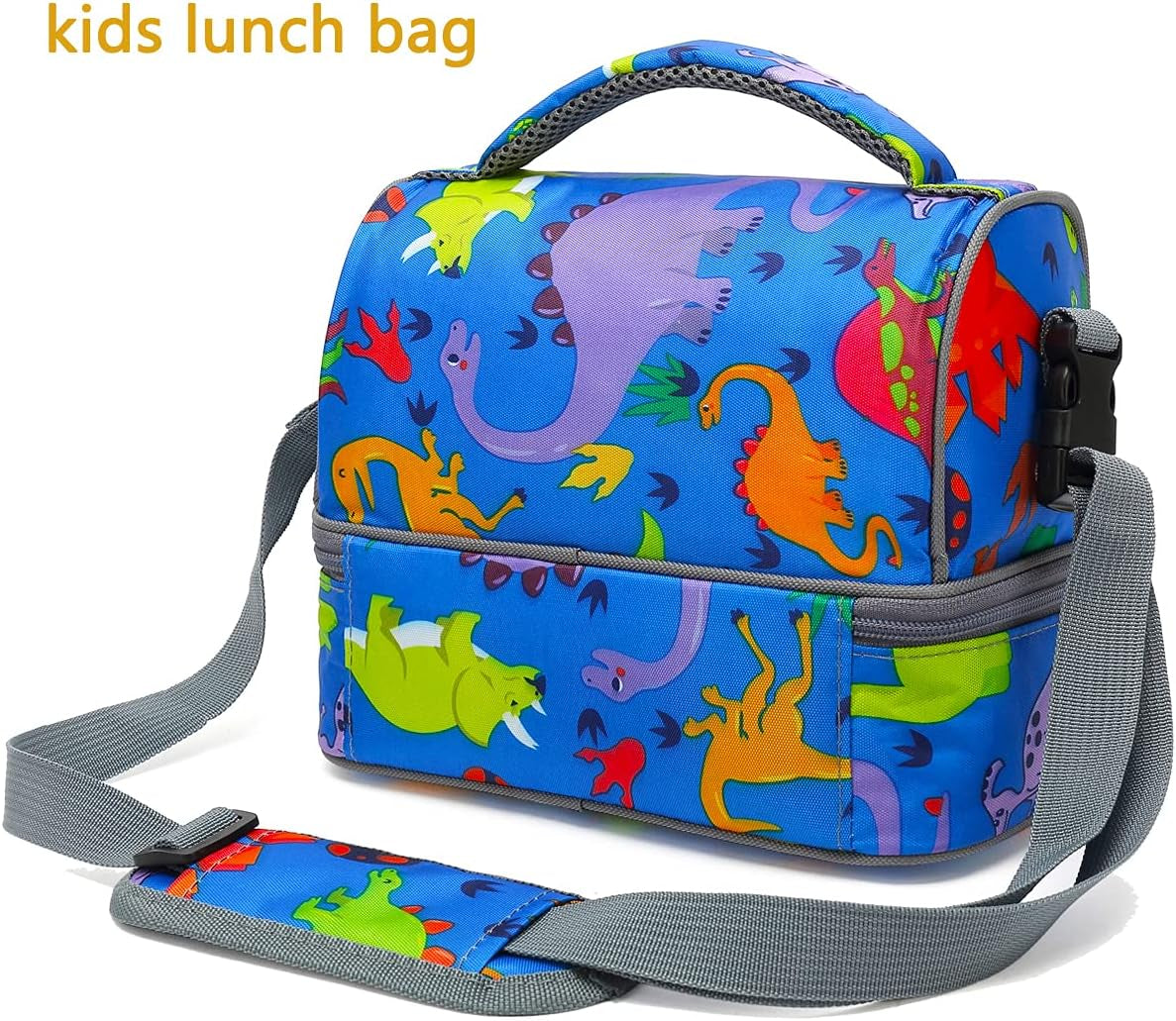 Kids Double Decker Cooler Insulated Lunch Bag Large Tote for Boys, Girls, Men, Women, with Adjustable Strap, Dinosaur