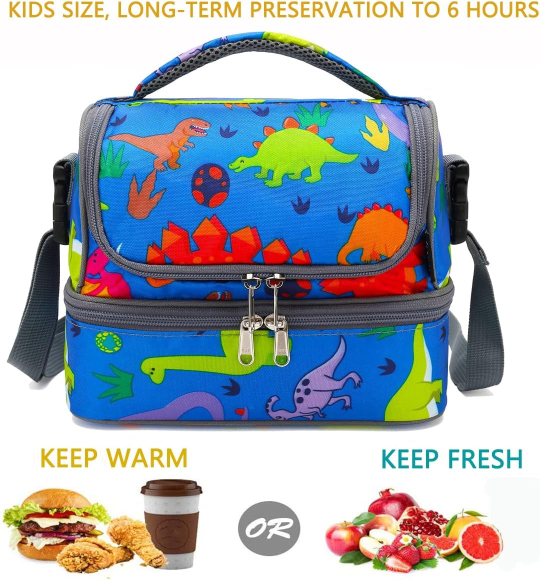 Kids Double Decker Cooler Insulated Lunch Bag Large Tote for Boys, Girls, Men, Women, with Adjustable Strap, Dinosaur