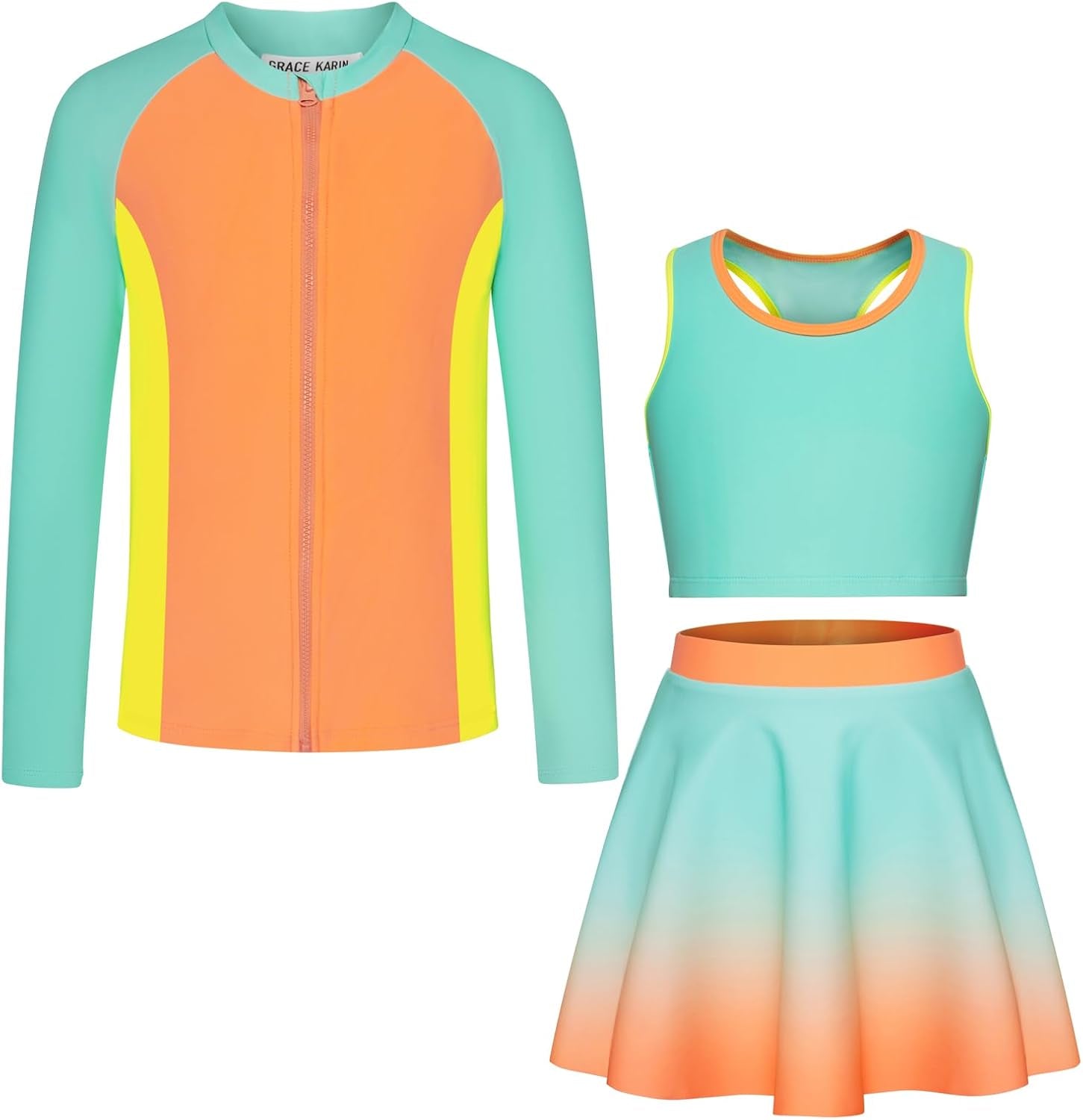 Girls Rash Guard Swimsuit 3 Pieces Long Sleeve Bathing Suit Tankini Swimwear 5-12 Years