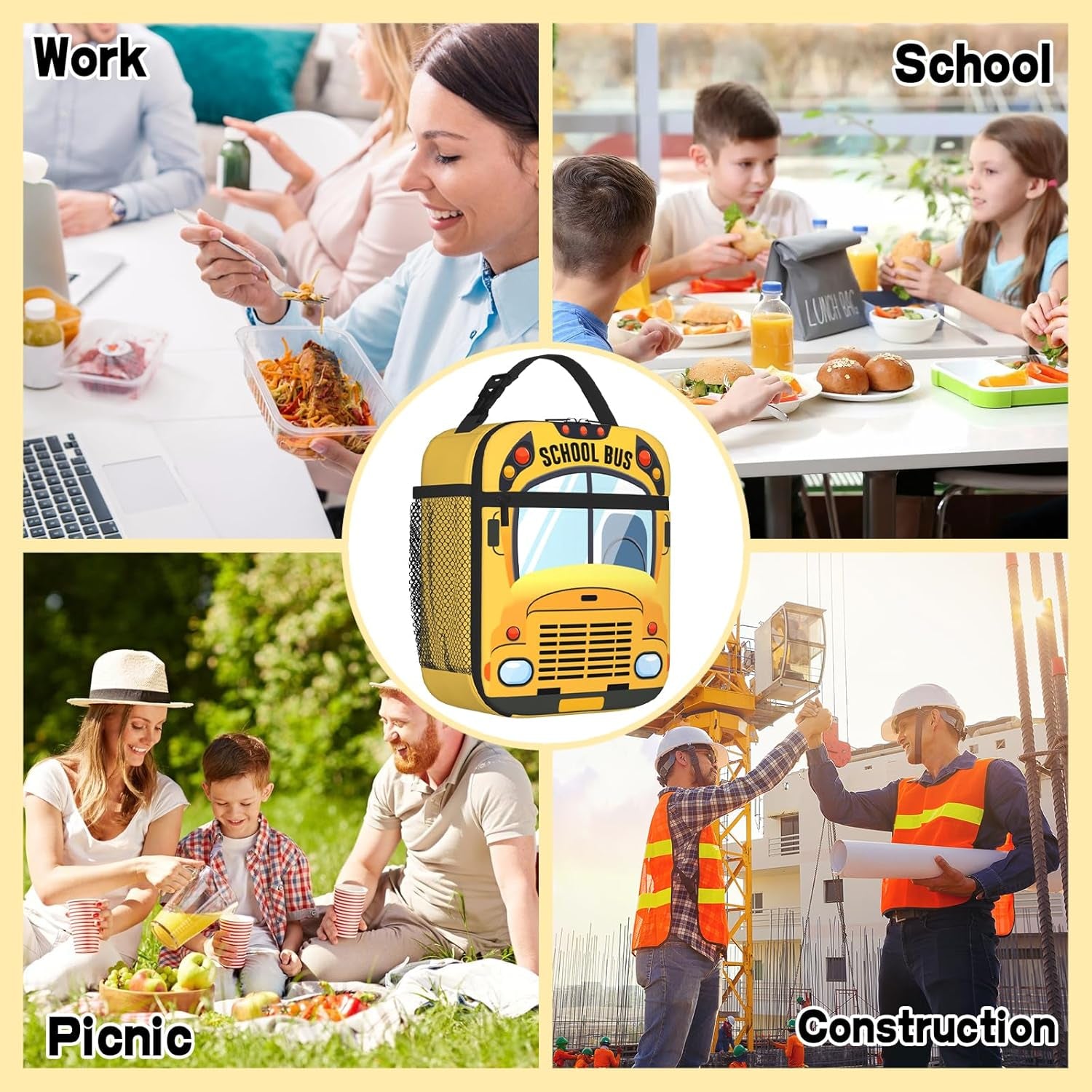 Kids School Bus Insulated Lunch Bag Cartoon Yellow Bus Lunchbox with Mesh Side Pocket Leakproof Cooler Tote for School Picnics Travel