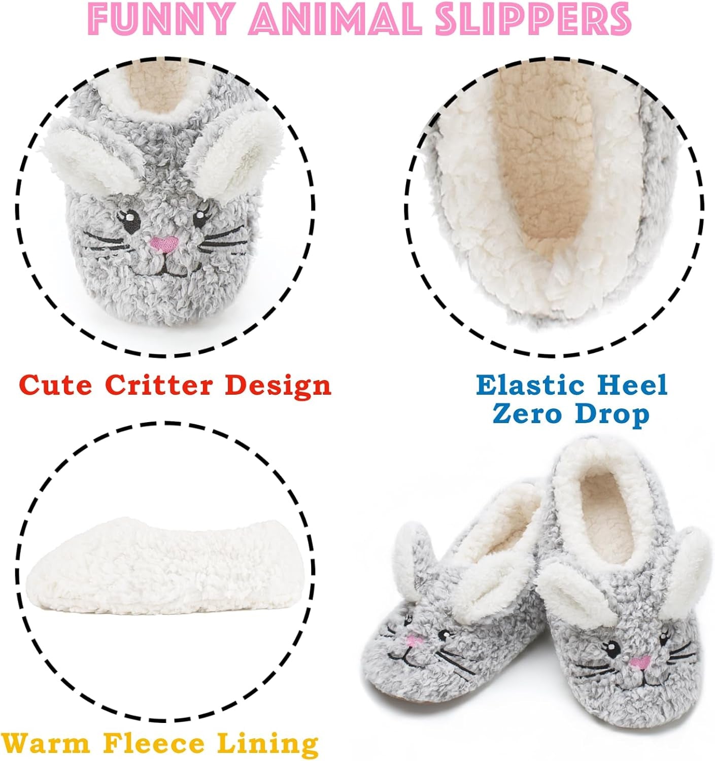 Cute Animal House Slippers - Fuzzy Warm Bedroom Slipper Socks Non-Slip Grippers with Funny Face Designs, Fun Christmas Gifts Unique