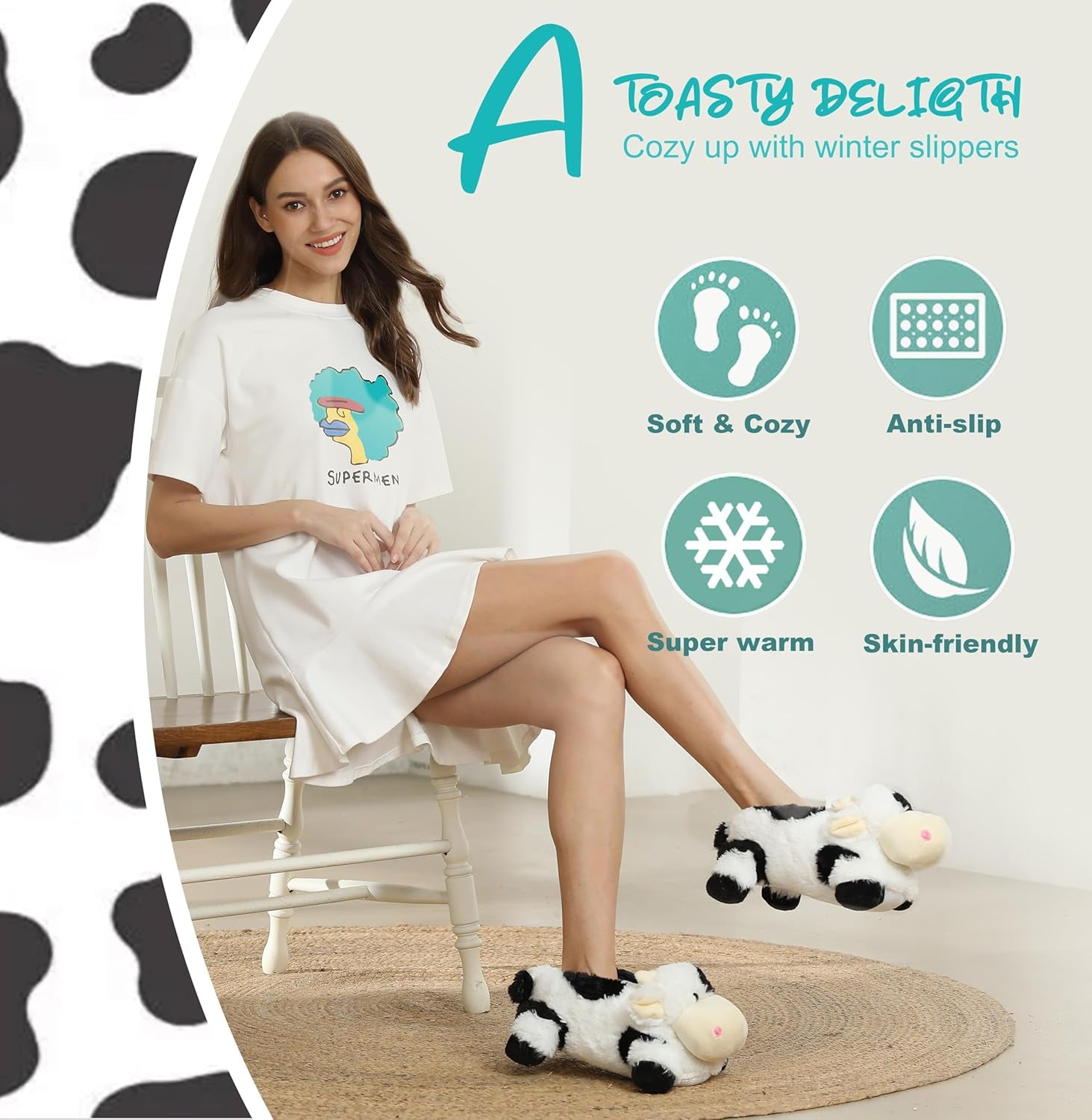 Indoor Fuzzy Winter Animal Panda and Cow Plush Slippers for Adult Women Men Boys Girls Kids