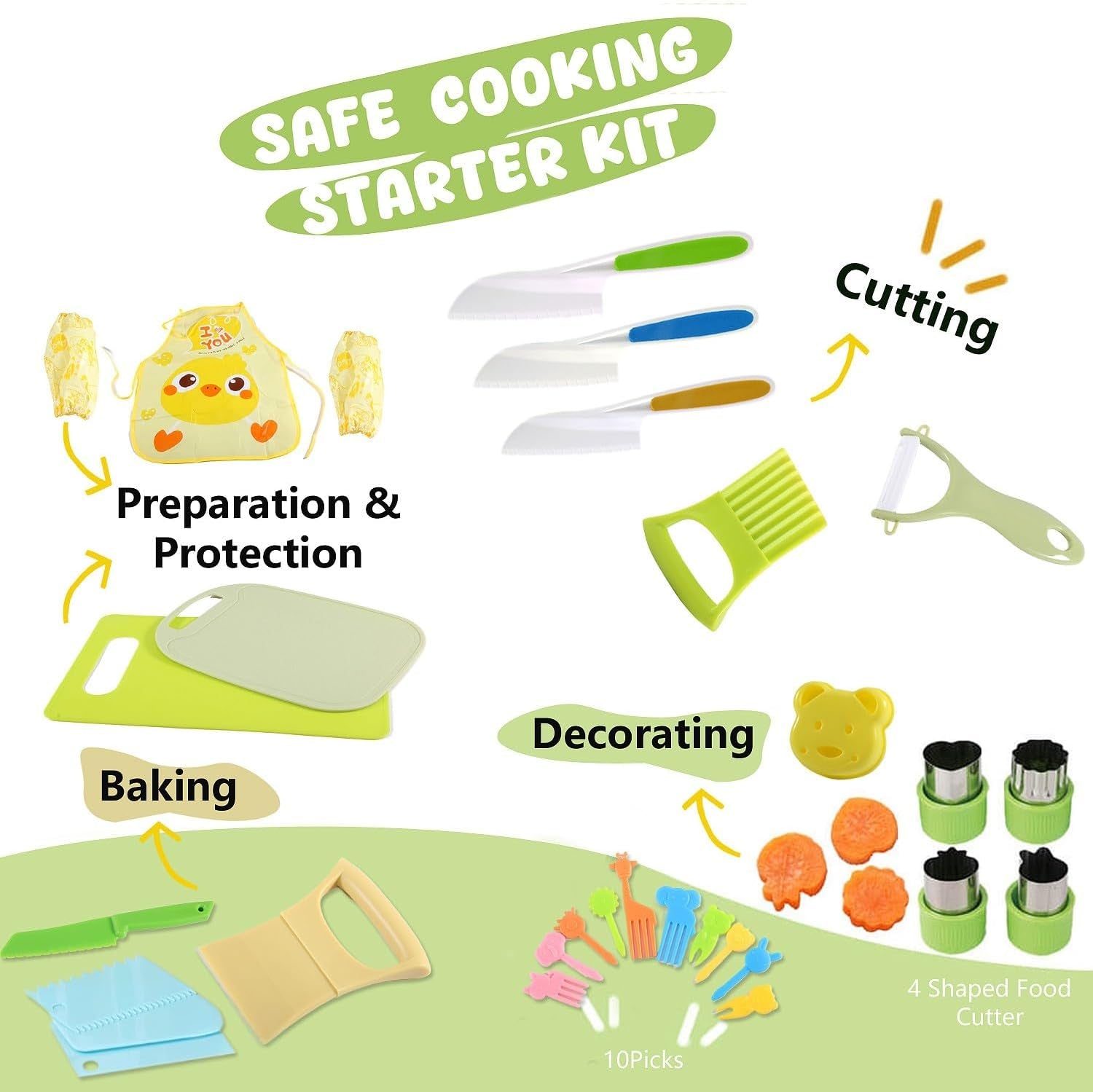 31PCS Kids Knife Set for Real Cooking - Toddlers Montessori Kitchen Tools Stocking Stuffers Toys for Boys & Girls Age 4+ Year Old, Includes 1 Apron, 2 Cutting Boards, 3 Safe Knives