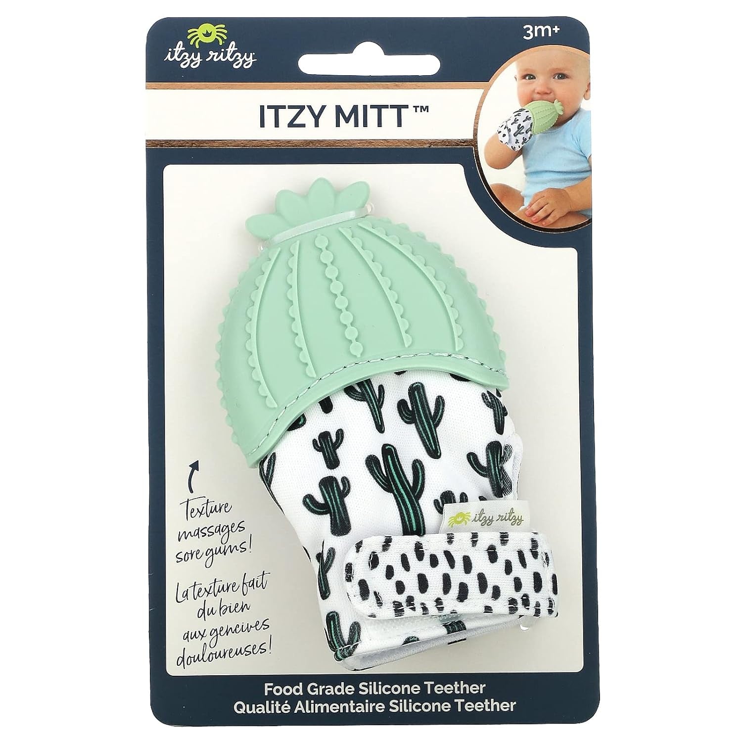 Silicone Teething Mitt - Soothing Infant Teething Mitten with Adjustable Strap, Crinkle Sound & Textured Silicone to Soothe Sore & Swollen Gums - Baby Teething Toy for 3 Mos & Up, Cactus