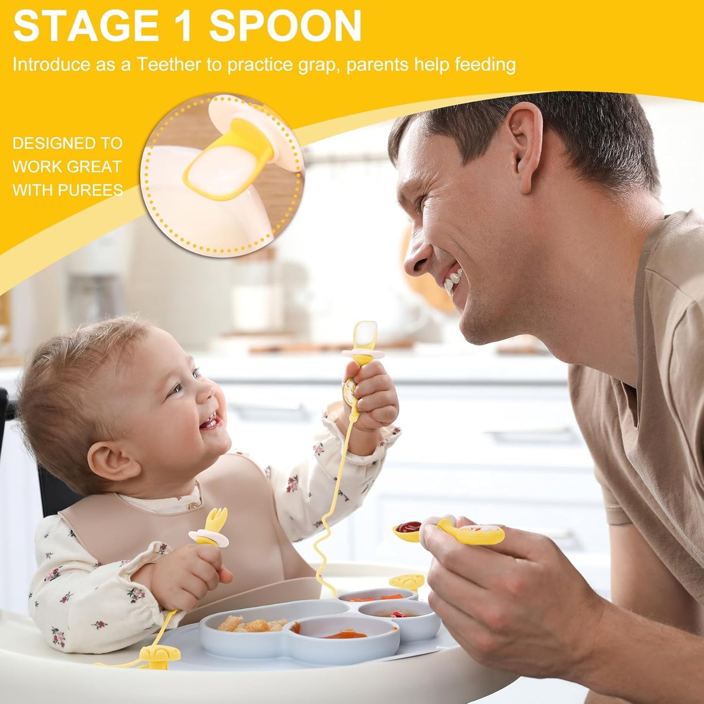 3 Pack Baby Fork and Spoon Set, Suction Baby Spoons Self Feeding 6 Months Anti-Dropping Training Utensils for Baby Led Weaning, Silicone Baby Utensils Feeding Supplies First Stage+Second Stage, Yellow