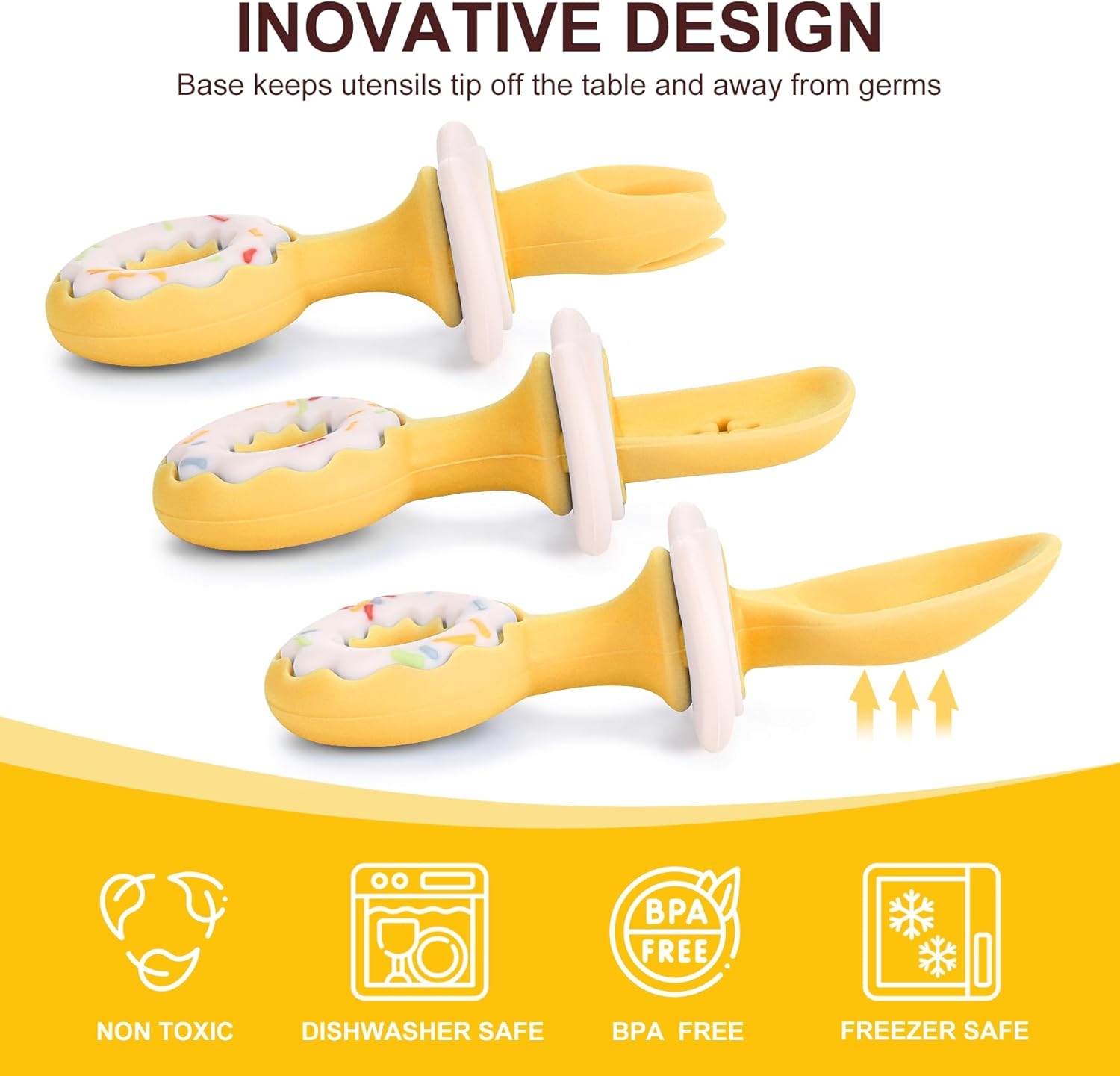 3 Pack Baby Fork and Spoon Set, Suction Baby Spoons Self Feeding 6 Months Anti-Dropping Training Utensils for Baby Led Weaning, Silicone Baby Utensils Feeding Supplies First Stage+Second Stage, Yellow