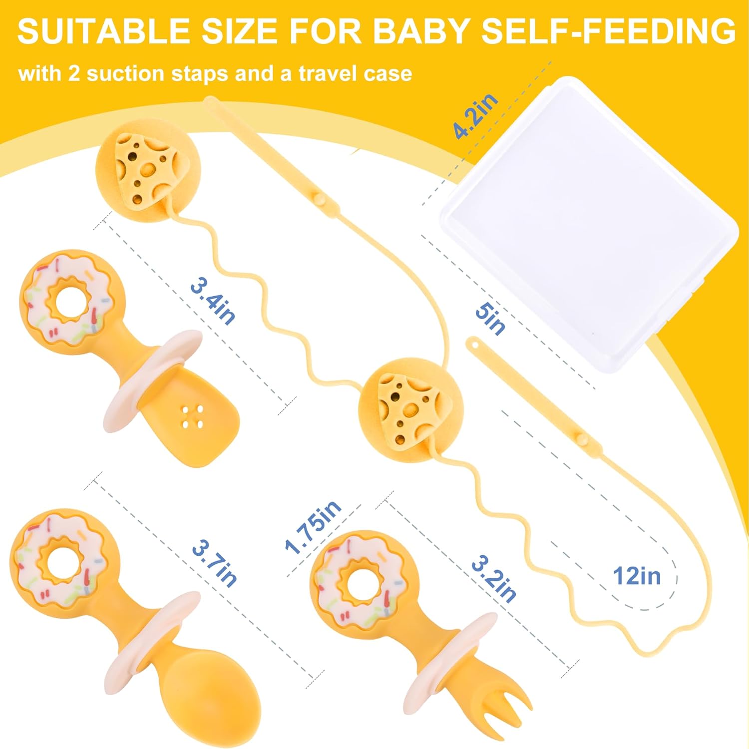 3 Pack Baby Fork and Spoon Set, Suction Baby Spoons Self Feeding 6 Months Anti-Dropping Training Utensils for Baby Led Weaning, Silicone Baby Utensils Feeding Supplies First Stage+Second Stage, Yellow