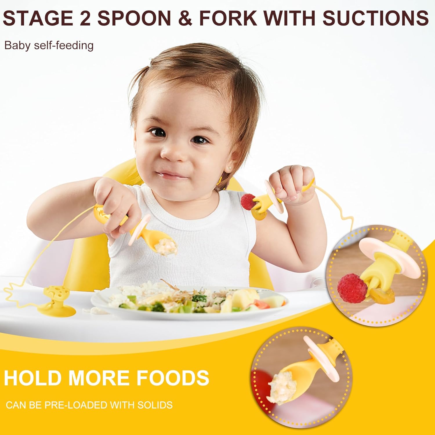 3 Pack Baby Fork and Spoon Set, Suction Baby Spoons Self Feeding 6 Months Anti-Dropping Training Utensils for Baby Led Weaning, Silicone Baby Utensils Feeding Supplies First Stage+Second Stage, Yellow