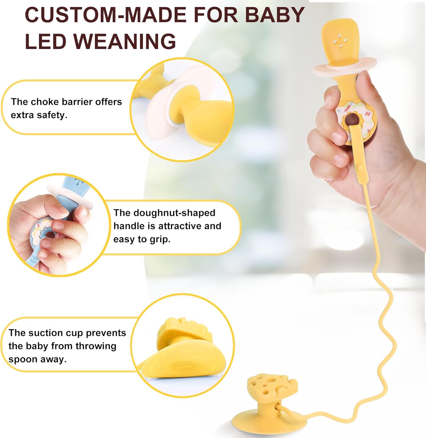 3 Pack Baby Fork and Spoon Set, Suction Baby Spoons Self Feeding 6 Months Anti-Dropping Training Utensils for Baby Led Weaning, Silicone Baby Utensils Feeding Supplies First Stage+Second Stage, Yellow
