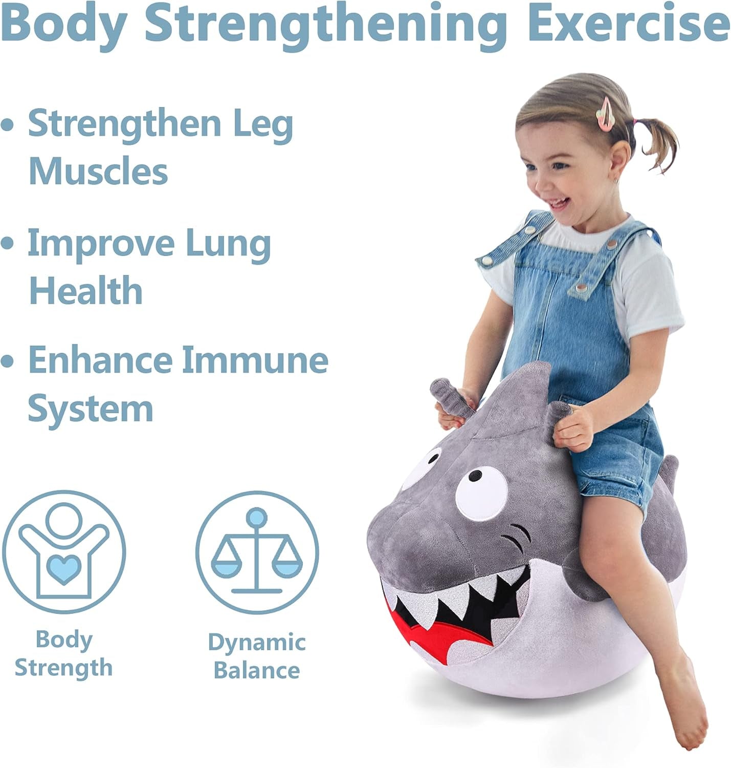 Bouncy Pals Kids White Shark Hopper Ball, Toddler Ride on Bounce Toy, Outdoor Indoor Inflatable Jumping Animal W/Handle, Bouncing Hop Jumper, Birthday Gift for 2 3 4 5 Year Old Boy Girl