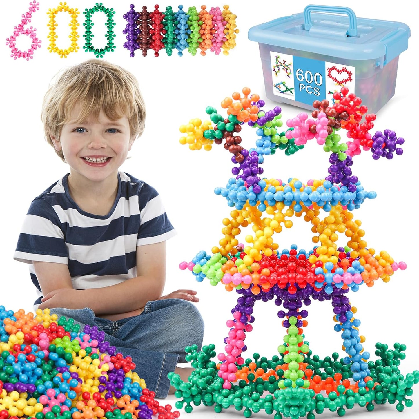 600 PCS Building Blocks Connect Toys,Interlocking Solid Plastic Educational Toys Sets for Preschool Kids Boys and Girls Aged 3+, Promote Fine Motor Skills and Sensory Development.