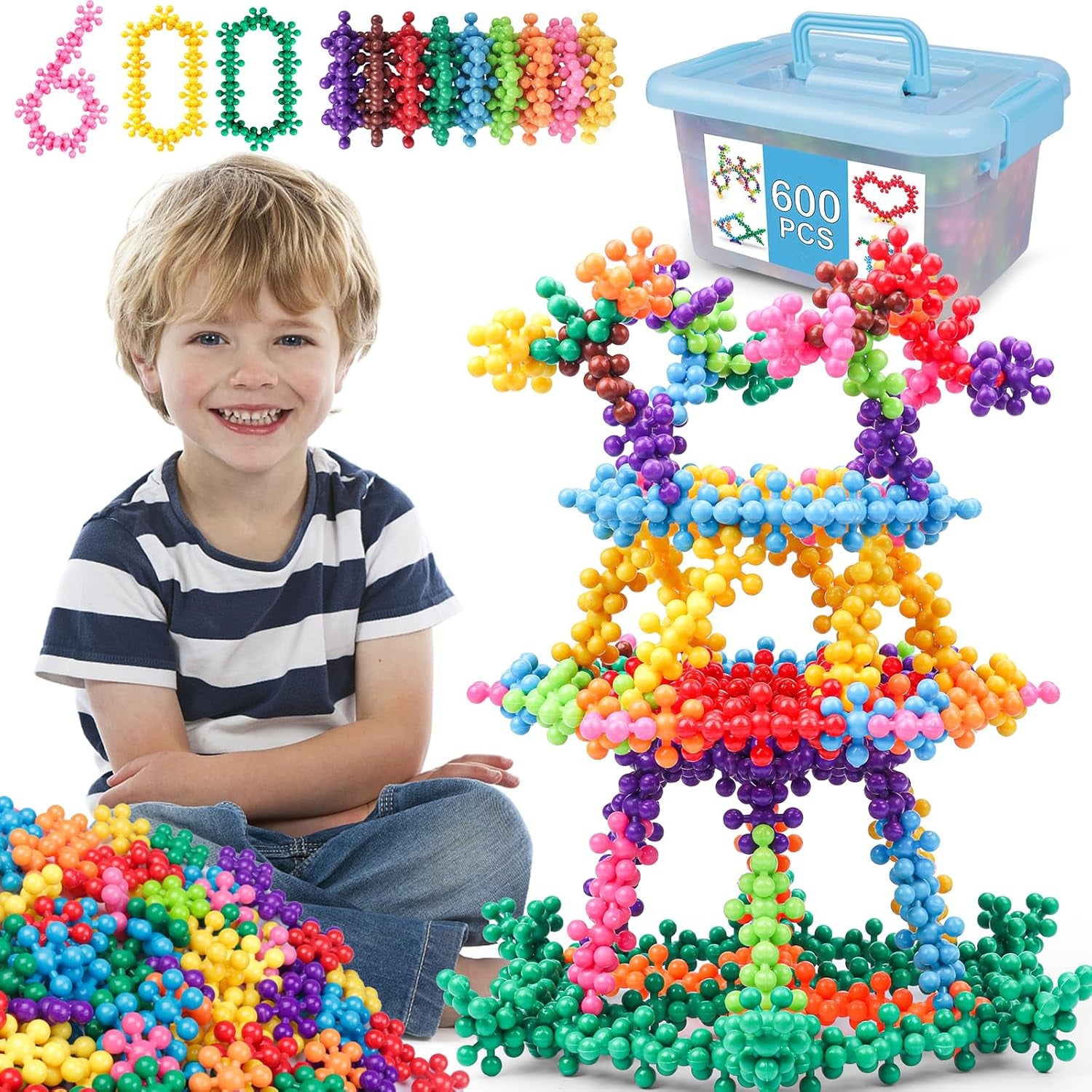 600 PCS Building Blocks Connect Toys,Interlocking Solid Plastic Educational Toys Sets for Preschool Kids Boys and Girls Aged 3+, Promote Fine Motor Skills and Sensory Development.