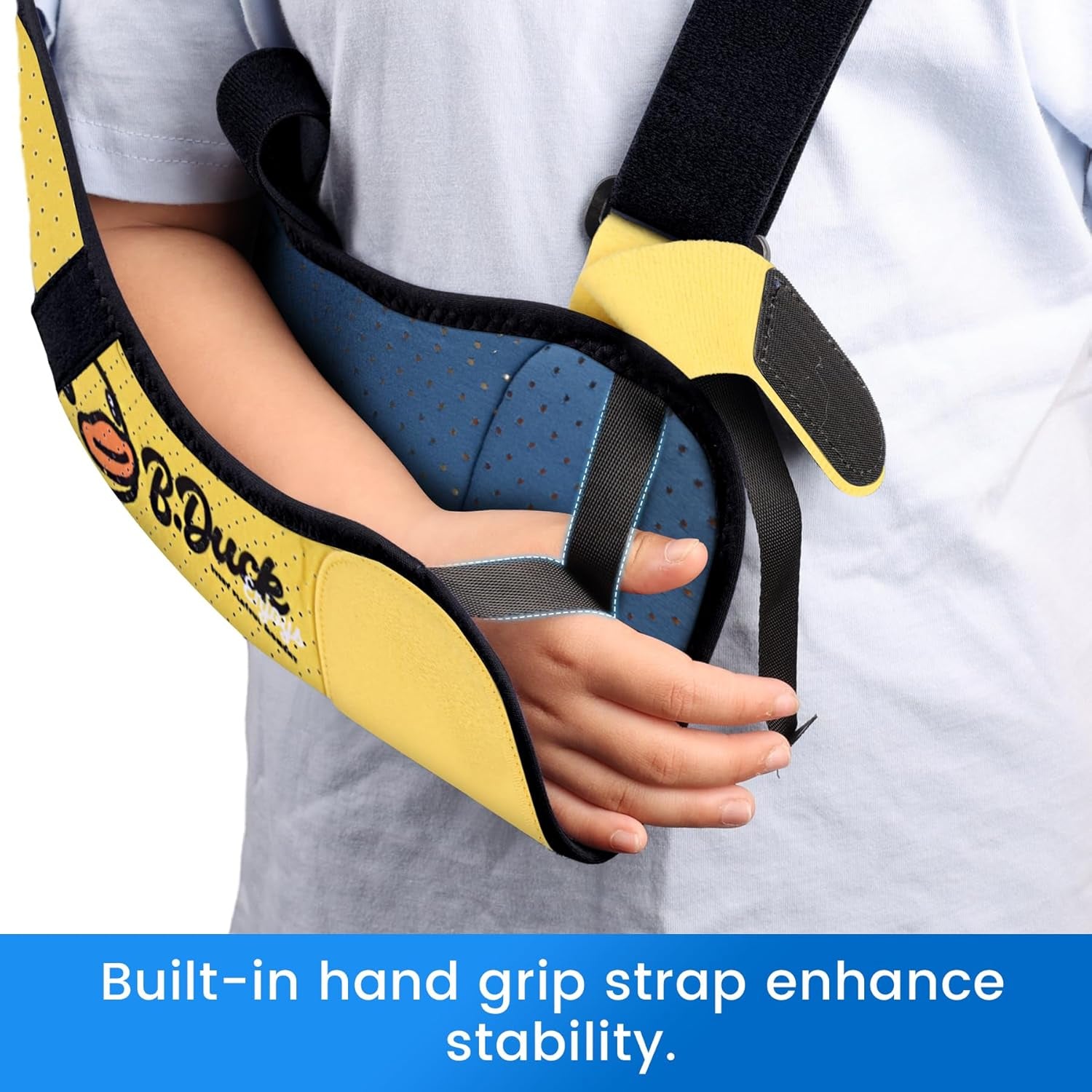 Kids Arm Sling Shoulder Immobilizer with Waist Strap, Sponge Filled Design, Arm Support Brace for Children, Boys, Girls (Comfort Version, Duck Print, Right, 2XS: Bust 19″-23.5″)