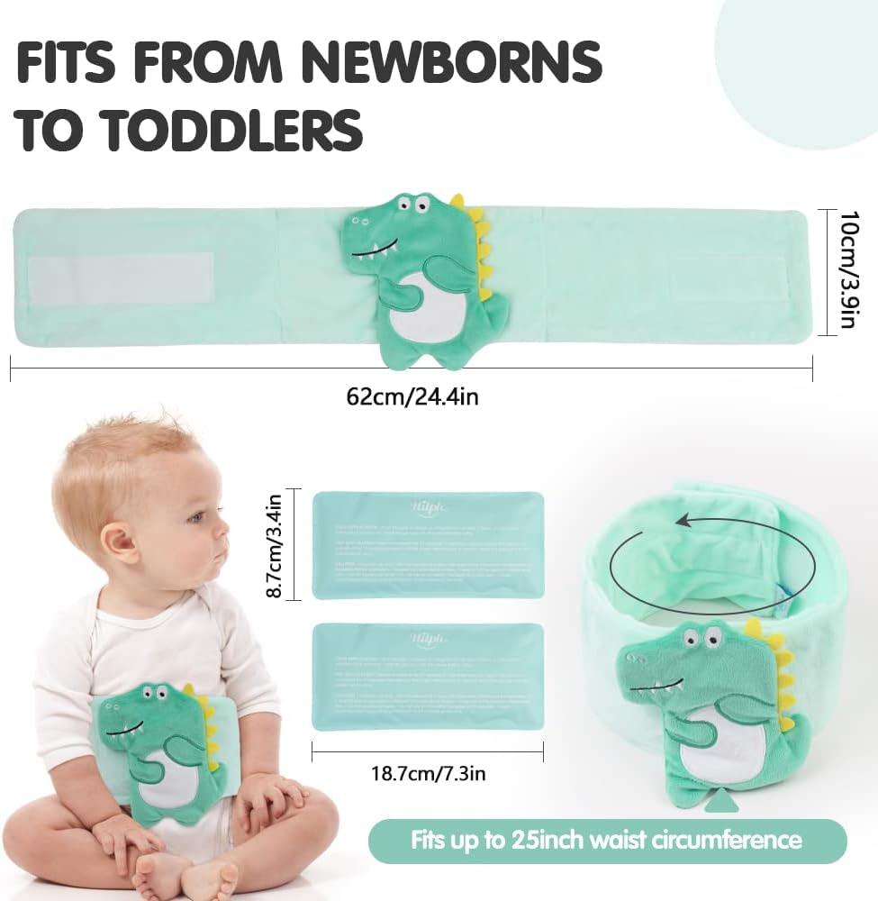 Baby Colic, Gas and Upset Stomach Relief, Heated Warmer Tummy Wrap with 2 Gel Packs for Newborns and Infants, Baby Heating Pad Swaddling Belt Natural Relief (Green Dinosaur)