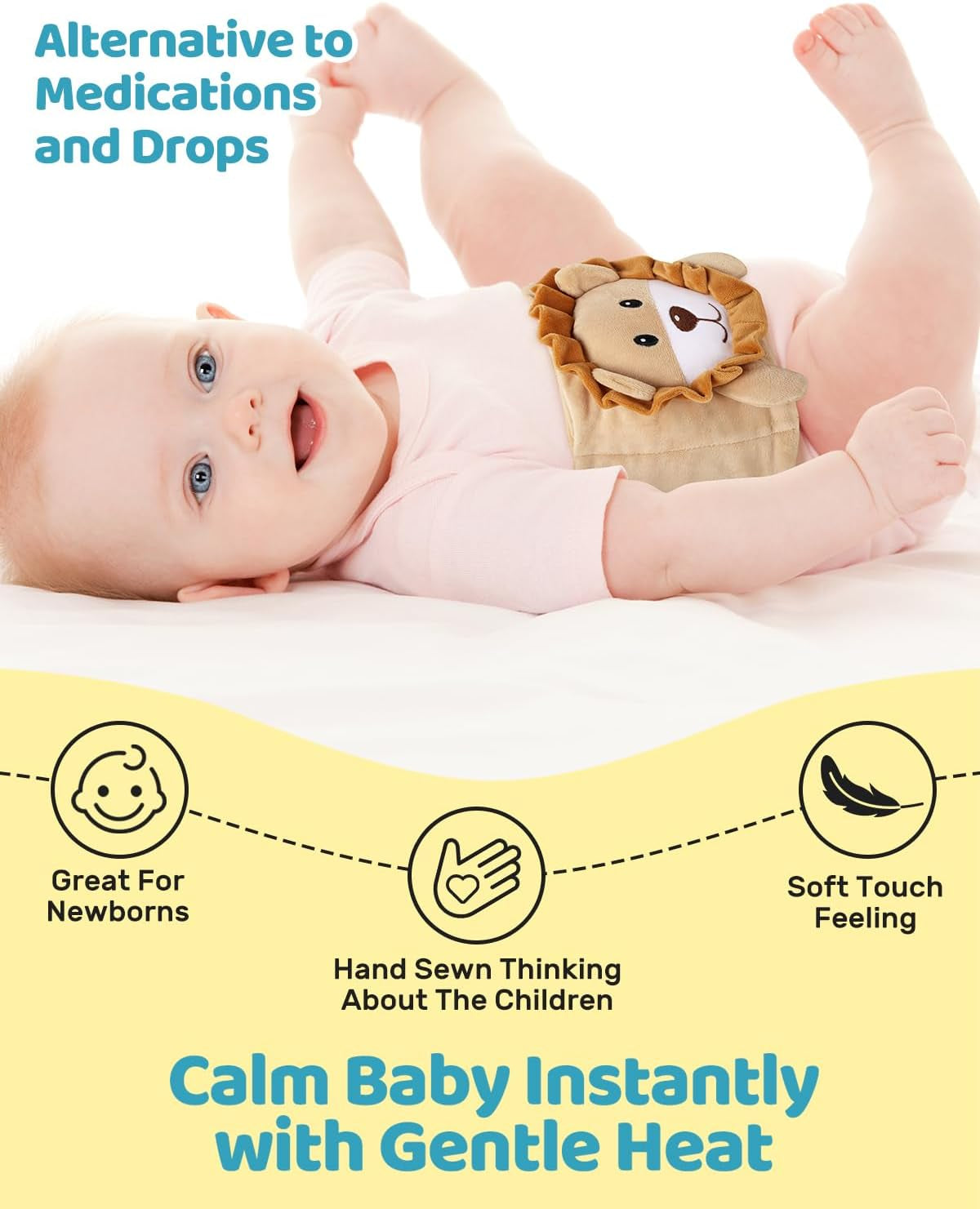 Baby Belly Band for Gas and Colic Relief, Flaxseed Baby Heated Tummy Wrap for Infants Colic Calm, Baby Heating Pad with Natural Warmth, Stomach Relief for Newborns to Toddlers for Fussy Infants (Lion)