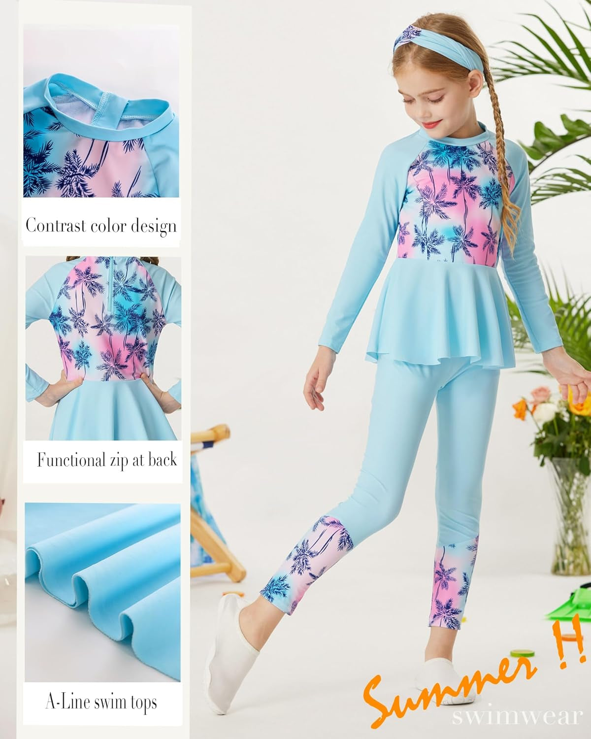 Girls Long Sleeve Swimsuit Mermaid Bathing Suit Rash Guard Swimwear 4 Piece Size 5-12