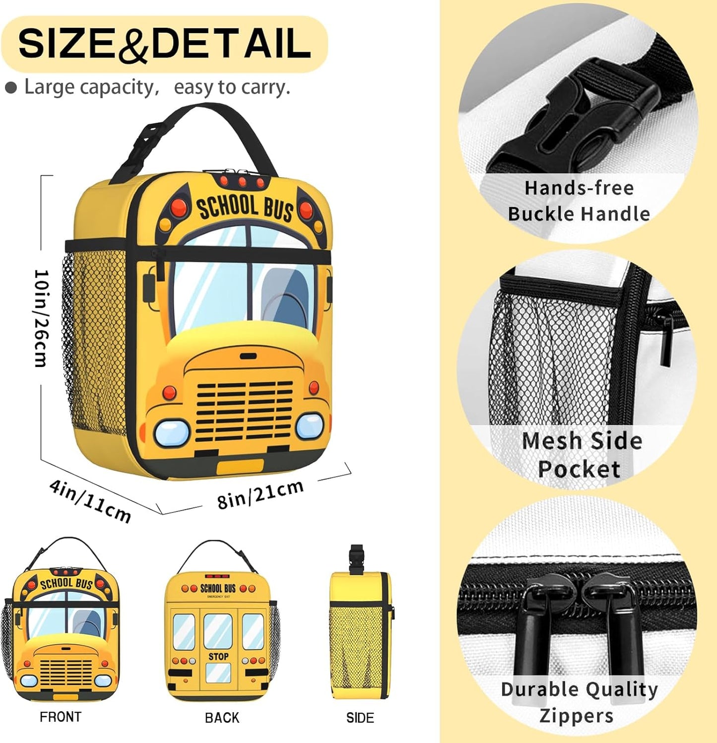 Kids School Bus Insulated Lunch Bag Cartoon Yellow Bus Lunchbox with Mesh Side Pocket Leakproof Cooler Tote for School Picnics Travel