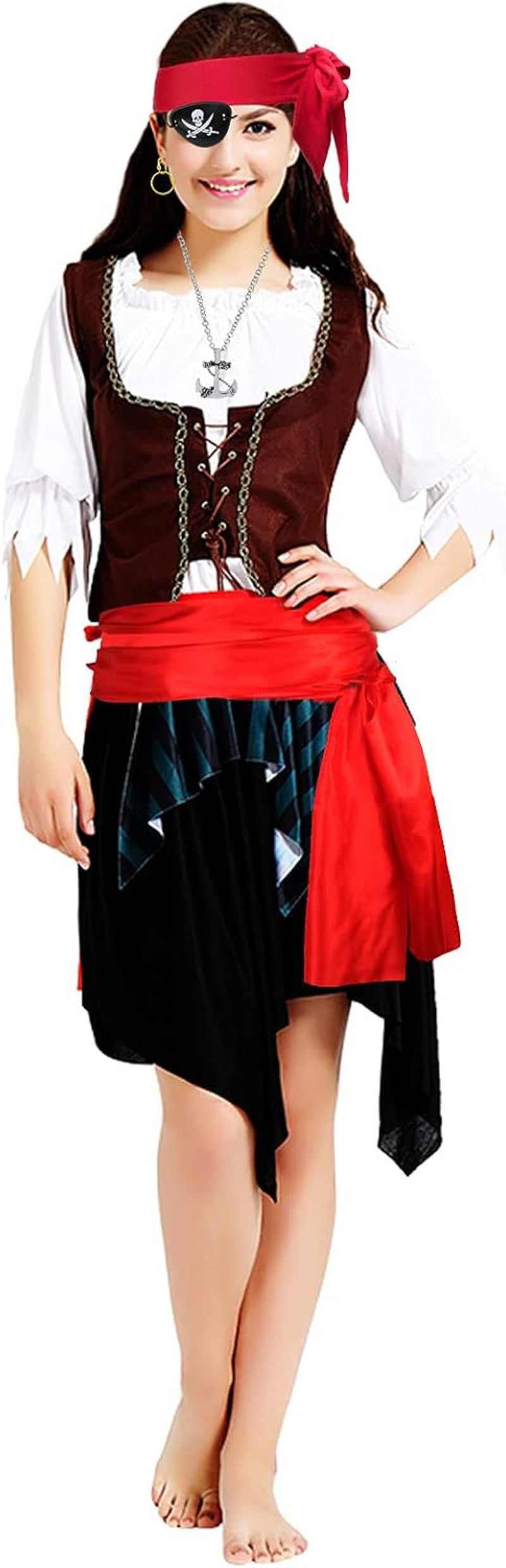 Captain Pirate Costume Accessory Set Red Head Tie Bandana Pirate Sash Eye Patch Earring Dress up Accessories Kit
